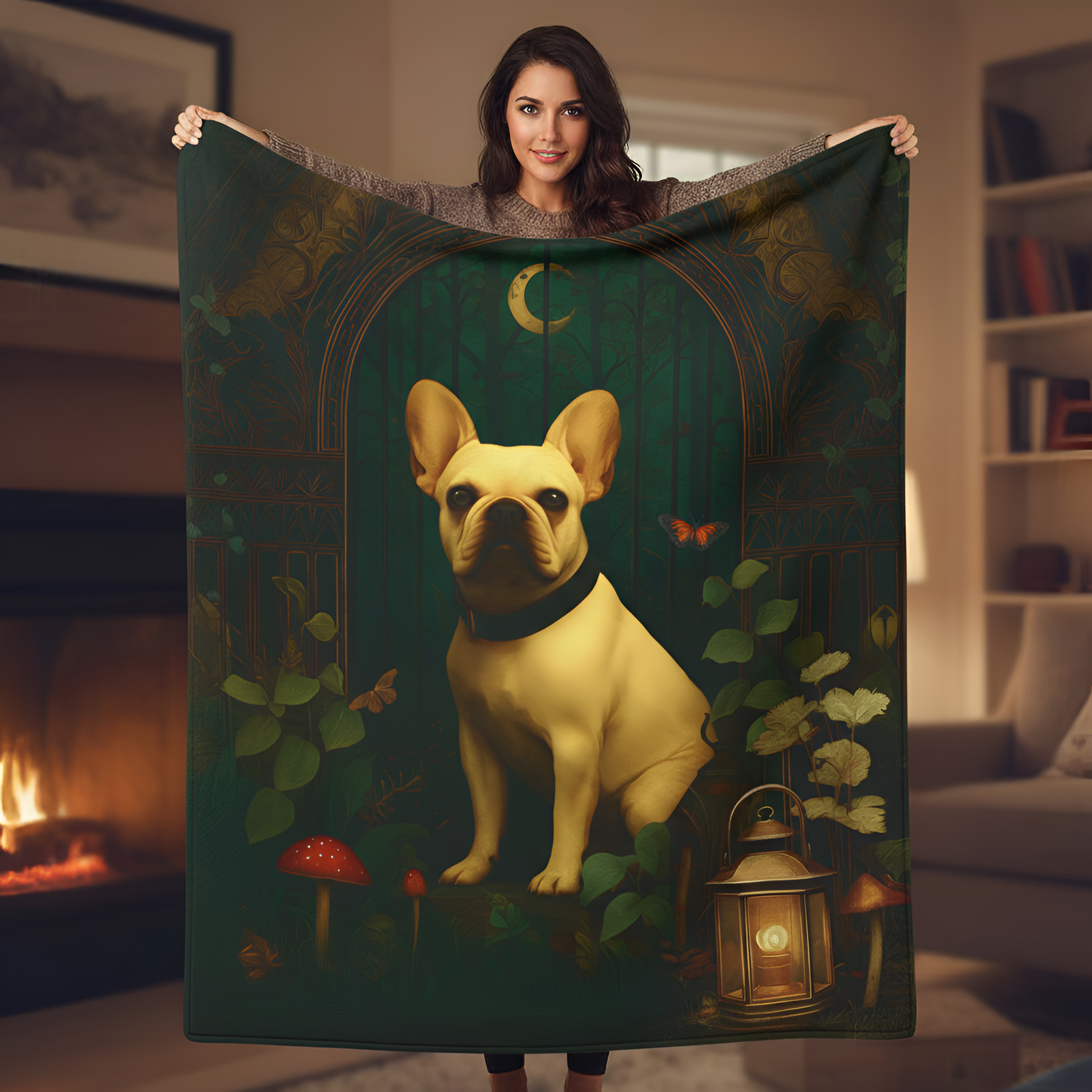 Tan French Bulldog Plush Blanket | Cozy Cabincore Cottagecore Dog Lover Throw