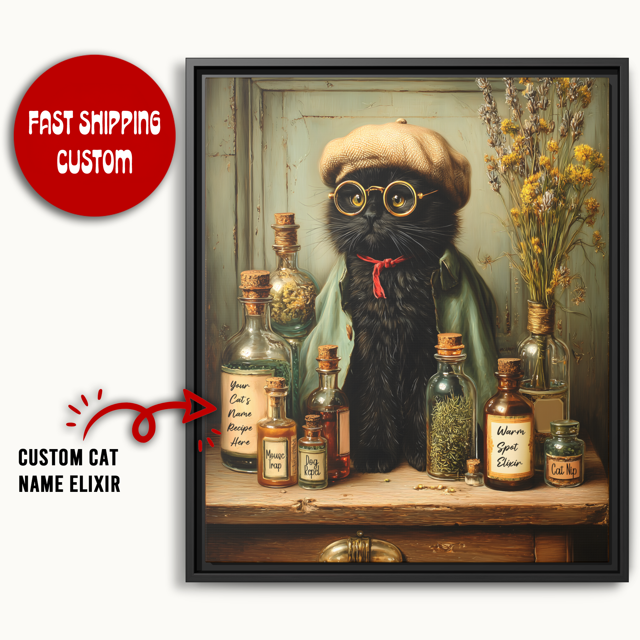 Black Cat Wall Art Framed Canvas | Custom Cat Name Apothecary Elixir, Moody Whimsical Decor