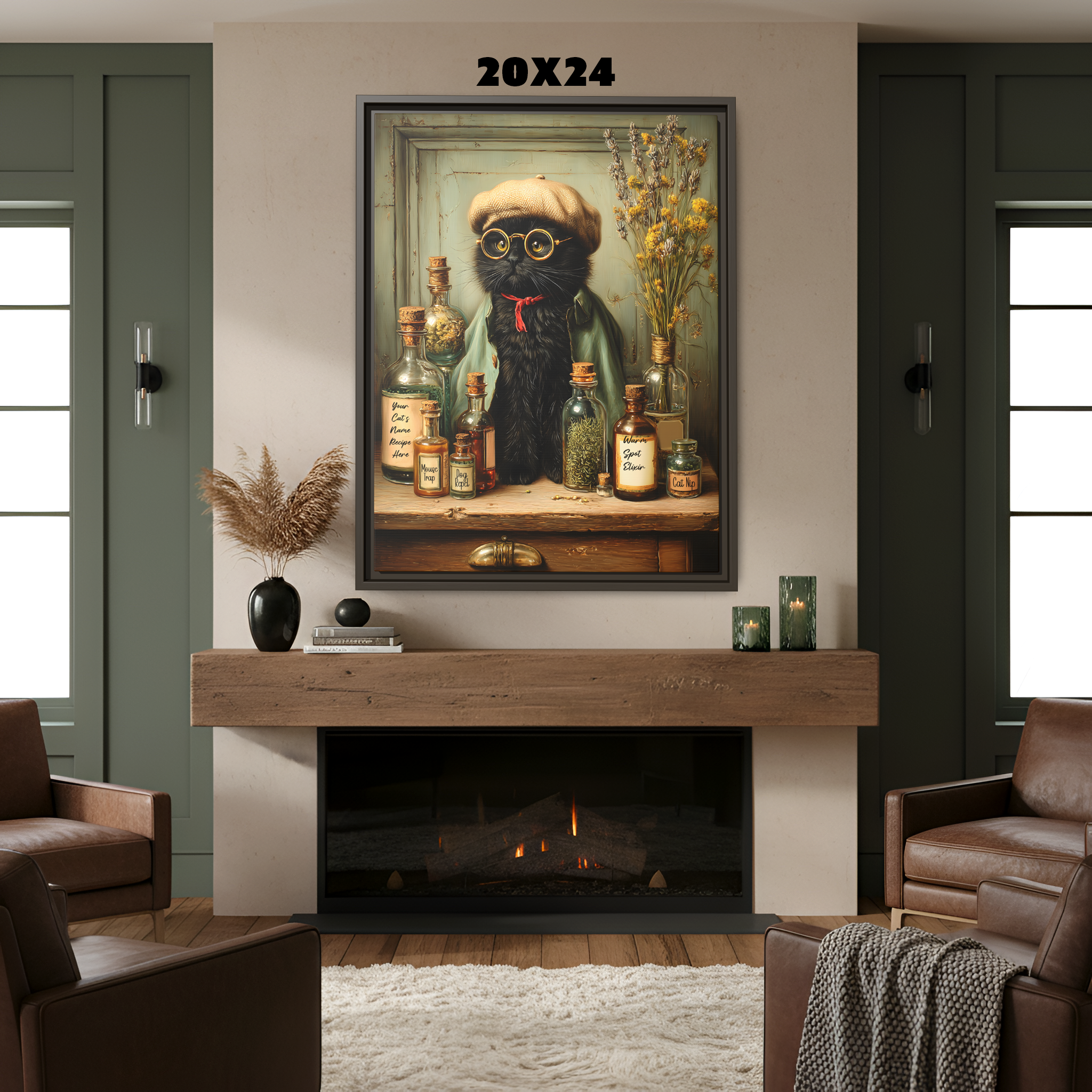 Black Cat Wall Art Framed Canvas | Custom Cat Name Apothecary Elixir, Moody Whimsical Decor