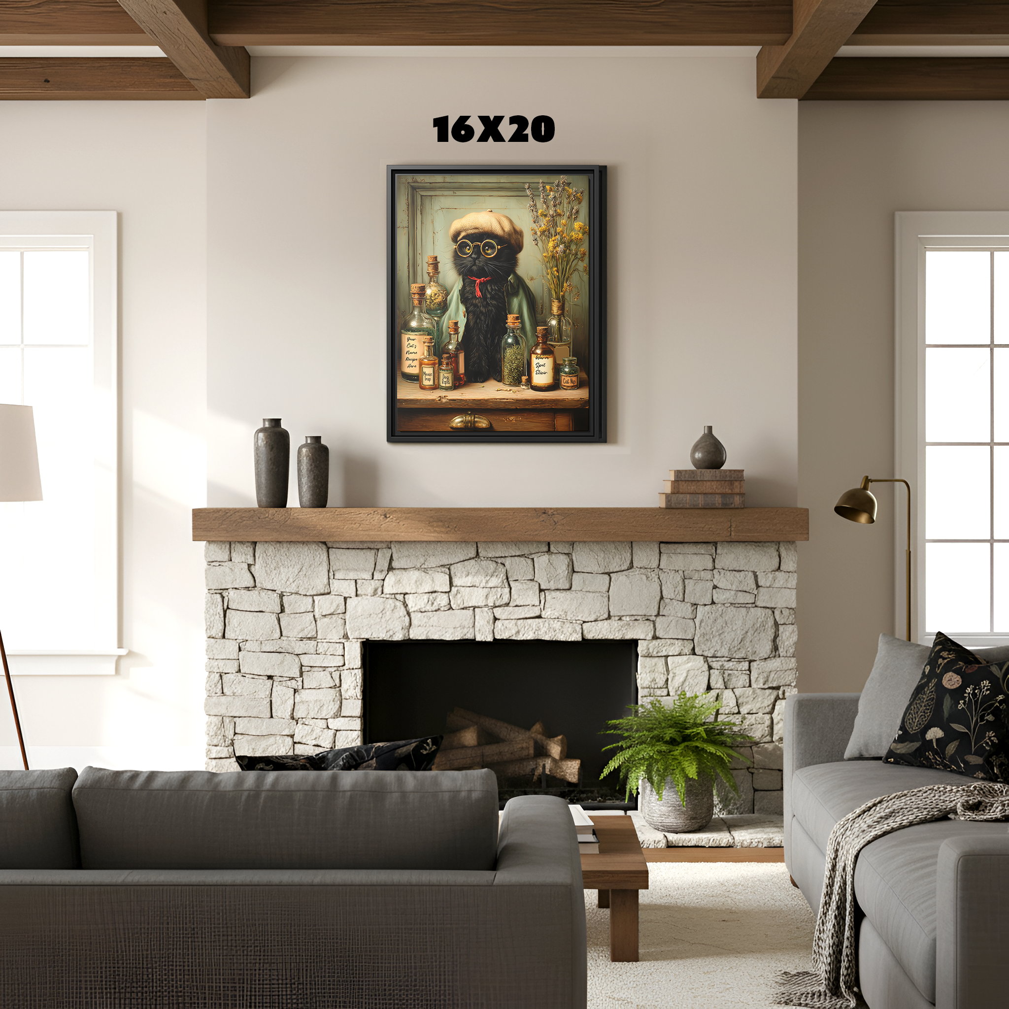Black Cat Wall Art Framed Canvas | Custom Cat Name Apothecary Elixir, Moody Whimsical Decor