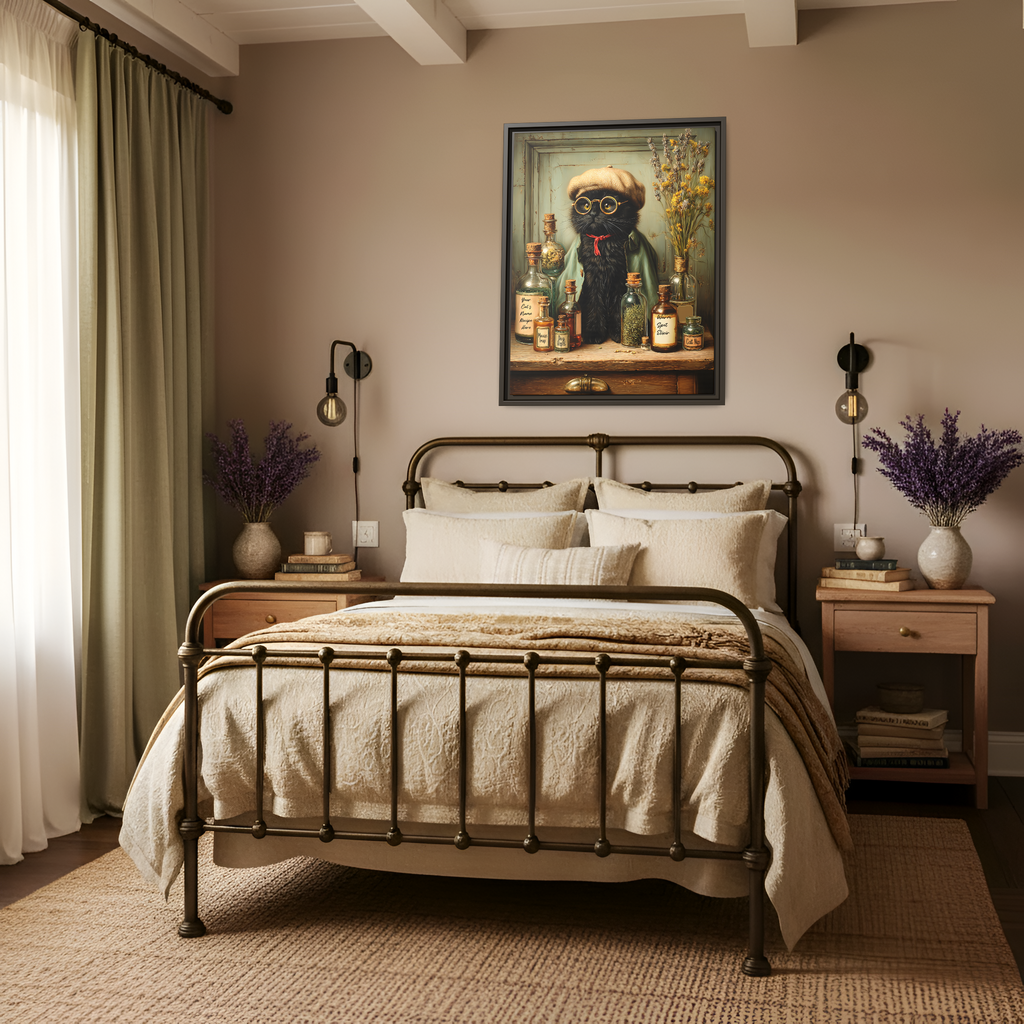 Black Cat Wall Art Framed Canvas | Custom Cat Name Apothecary Elixir, Moody Whimsical Decor