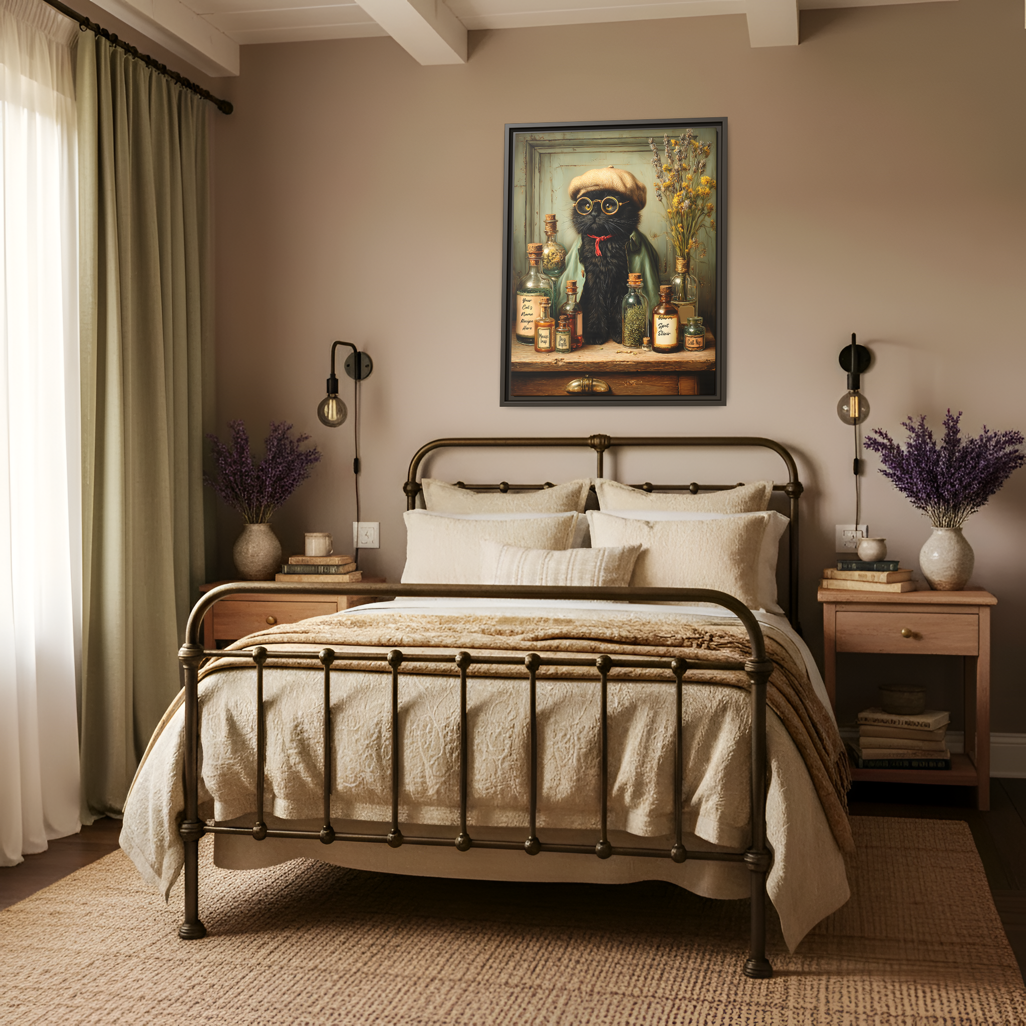 Black Cat Wall Art Framed Canvas | Custom Cat Name Apothecary Elixir, Moody Whimsical Decor