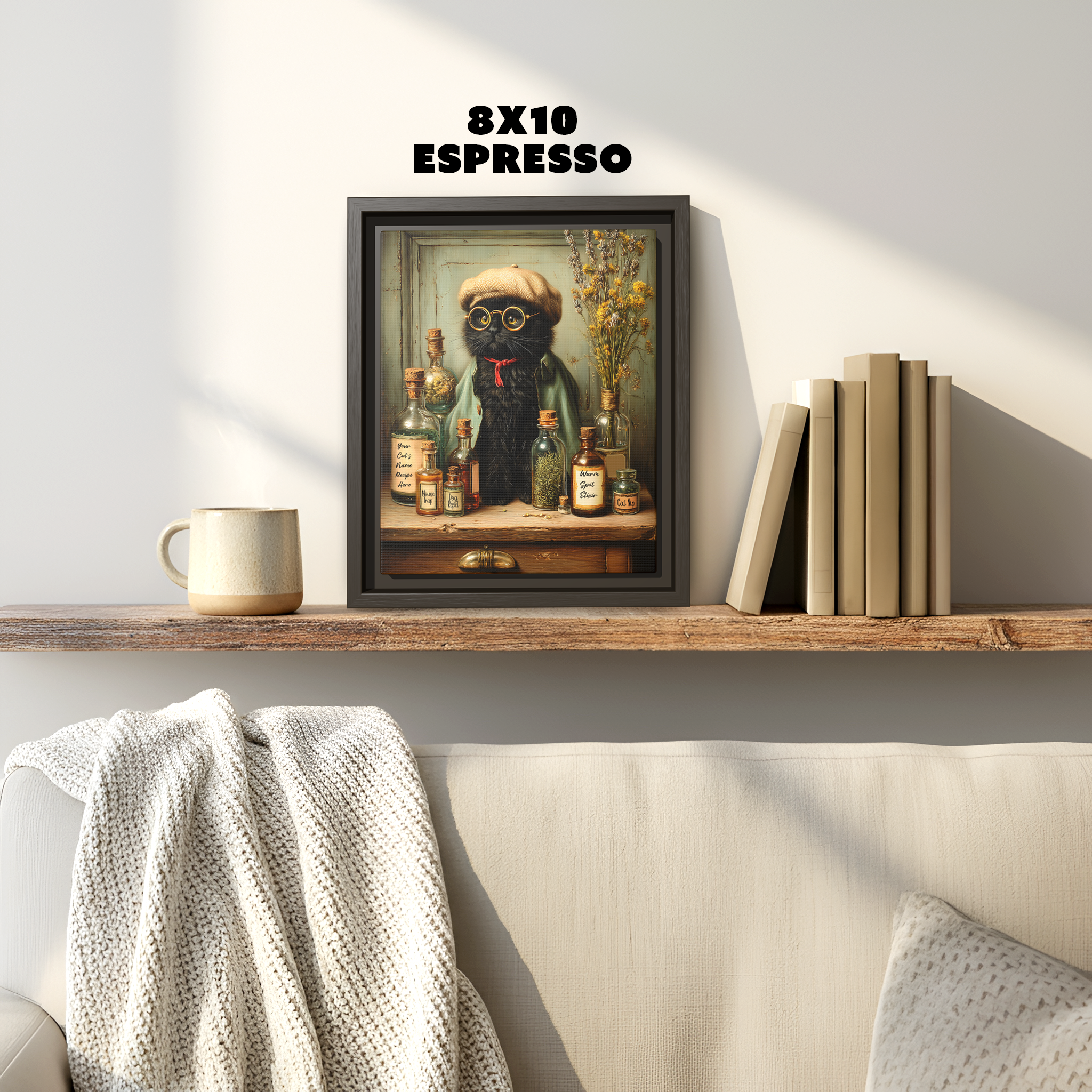 Black Cat Wall Art Framed Canvas | Custom Cat Name Apothecary Elixir, Moody Whimsical Decor