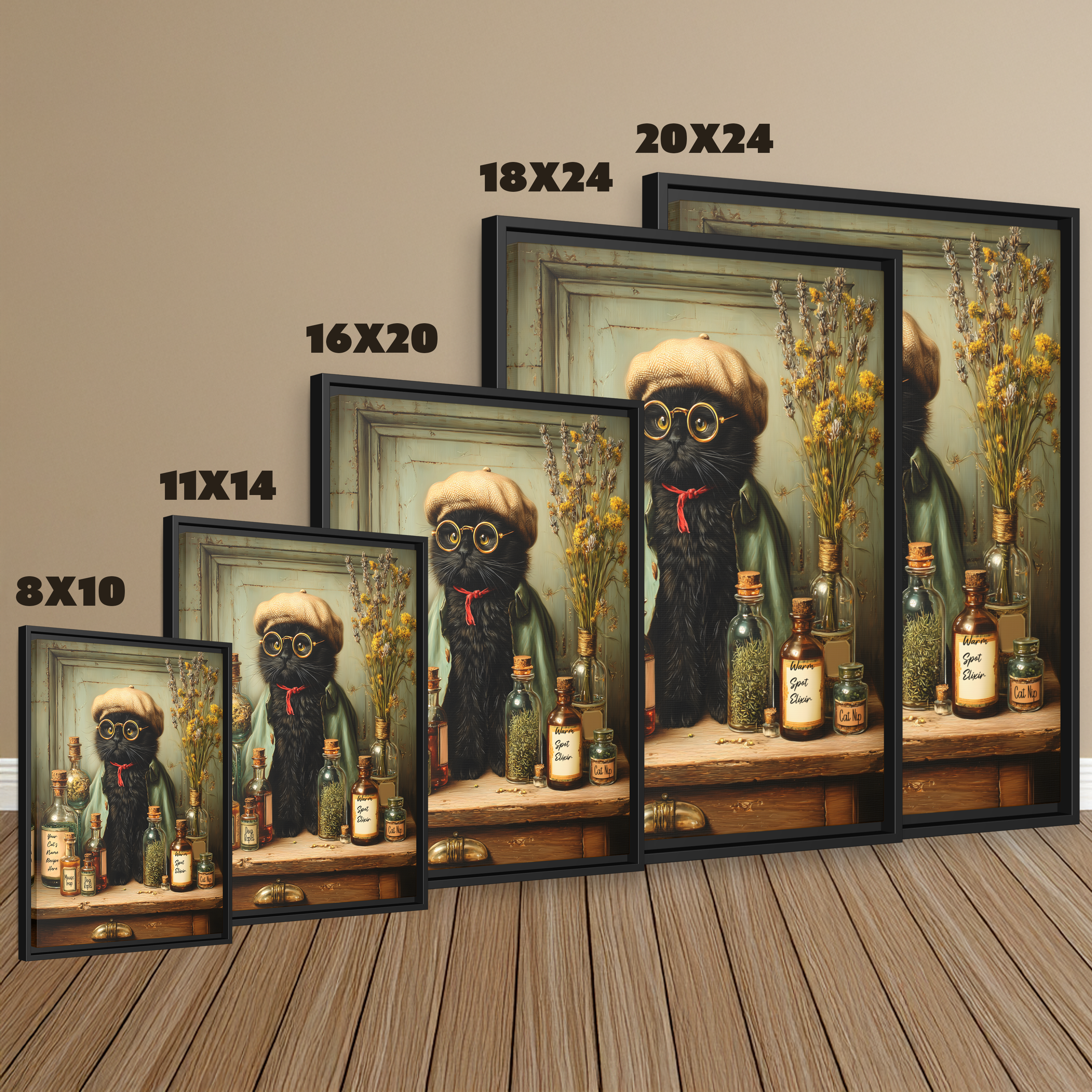 Black Cat Wall Art Framed Canvas | Custom Cat Name Apothecary Elixir, Moody Whimsical Decor