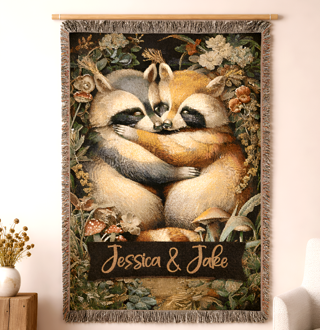 Valentine Custom Raccoon Woven Tapestry Blanket | Personalized Cabincore Woodland Gift