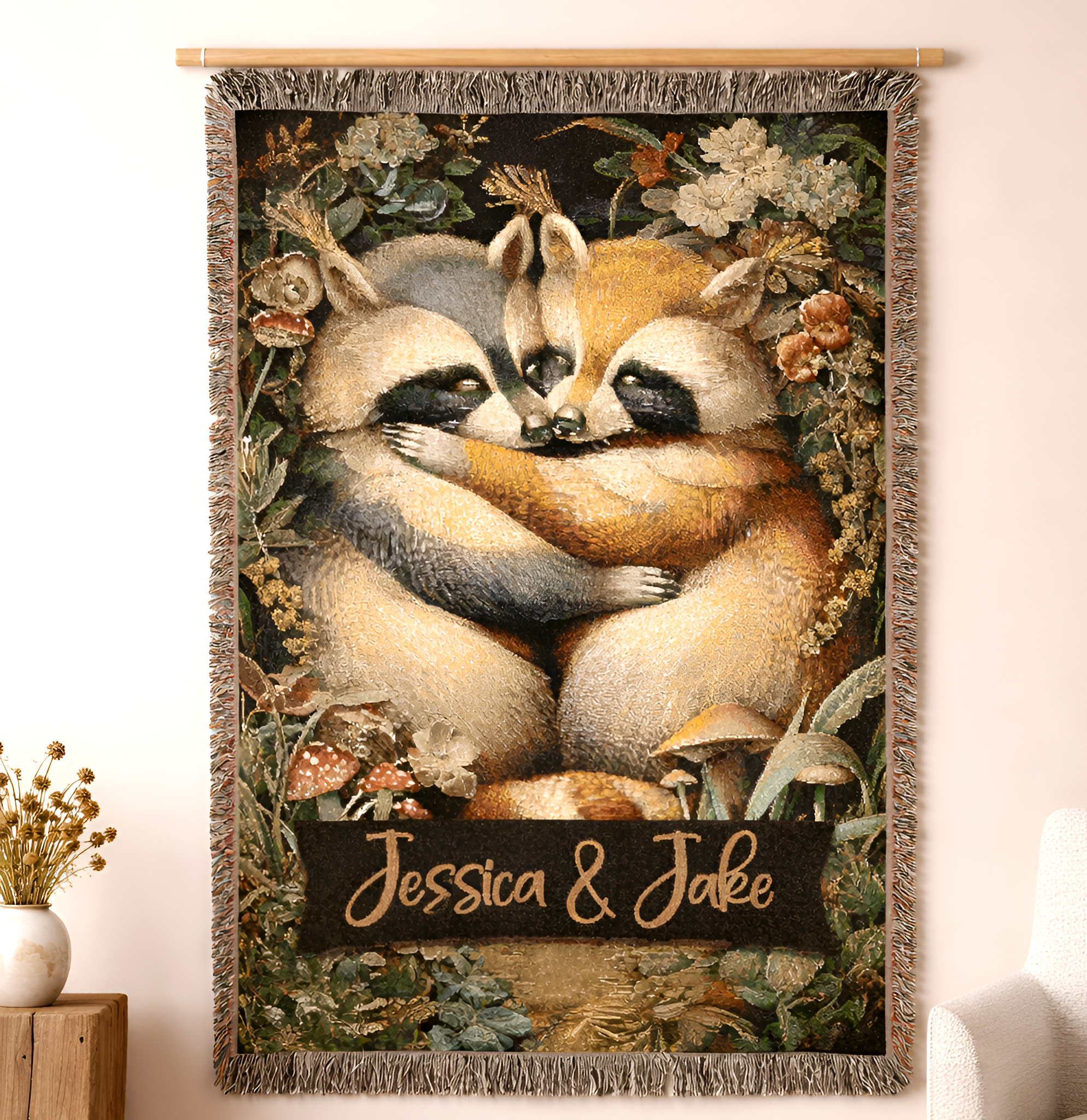 Valentine Custom Raccoon Woven Tapestry Blanket | Personalized Cabincore Woodland Gift