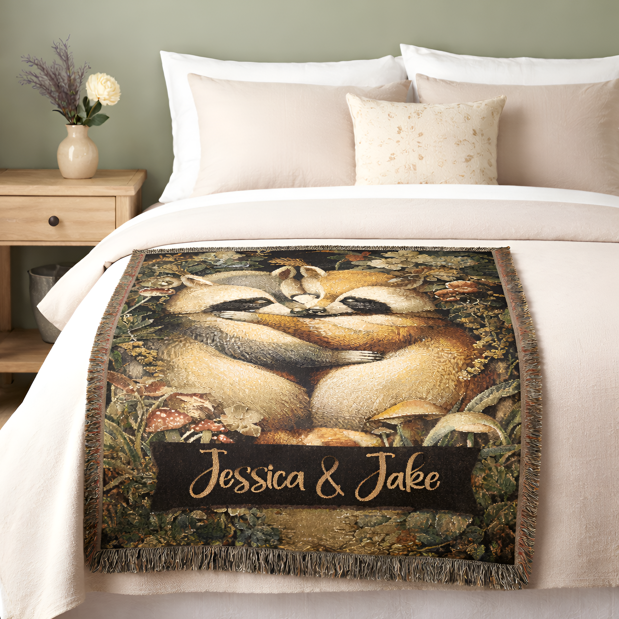 Valentine Custom Raccoon Woven Tapestry Blanket | Personalized Cabincore Woodland Gift