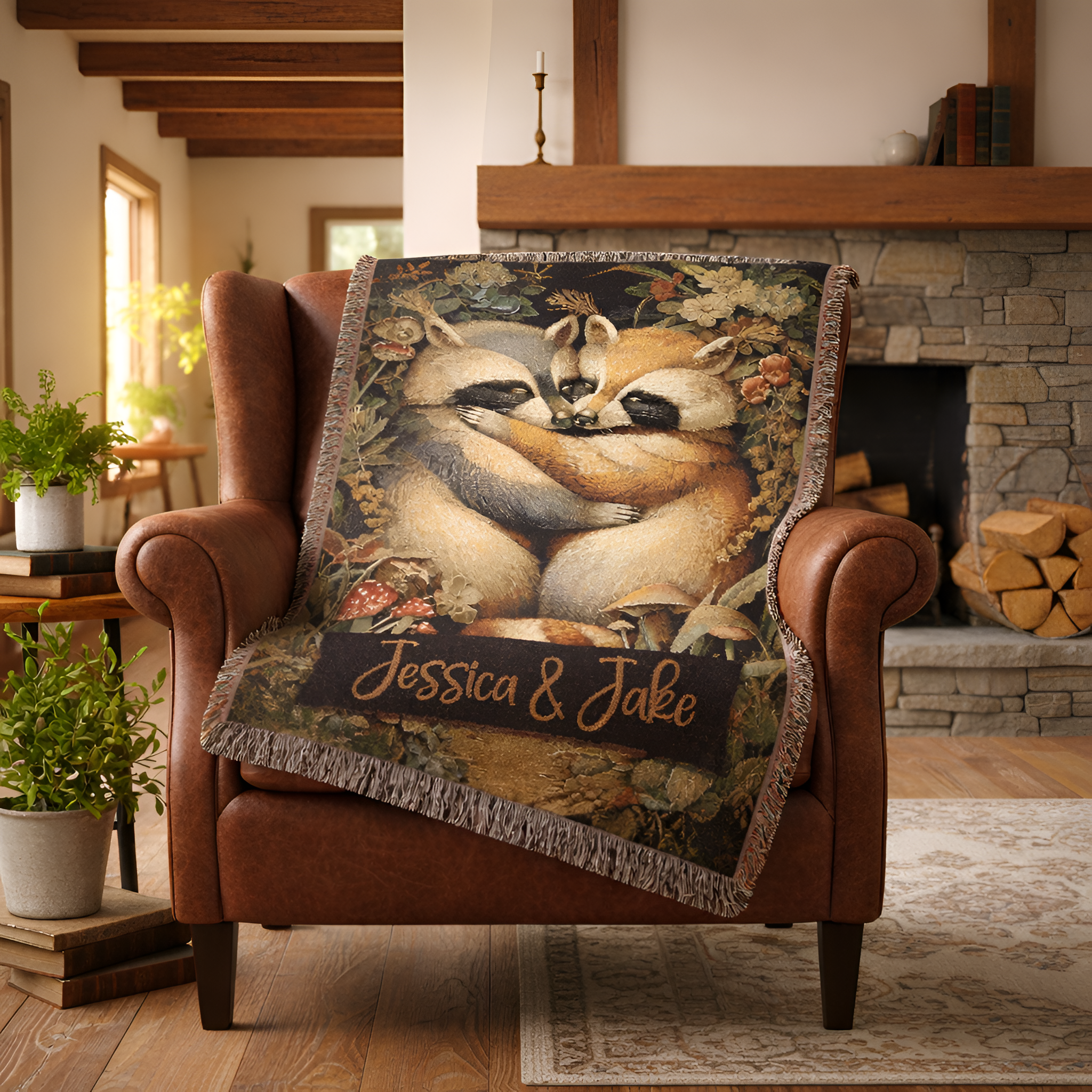 Valentine Custom Raccoon Woven Tapestry Blanket | Personalized Cabincore Woodland Gift
