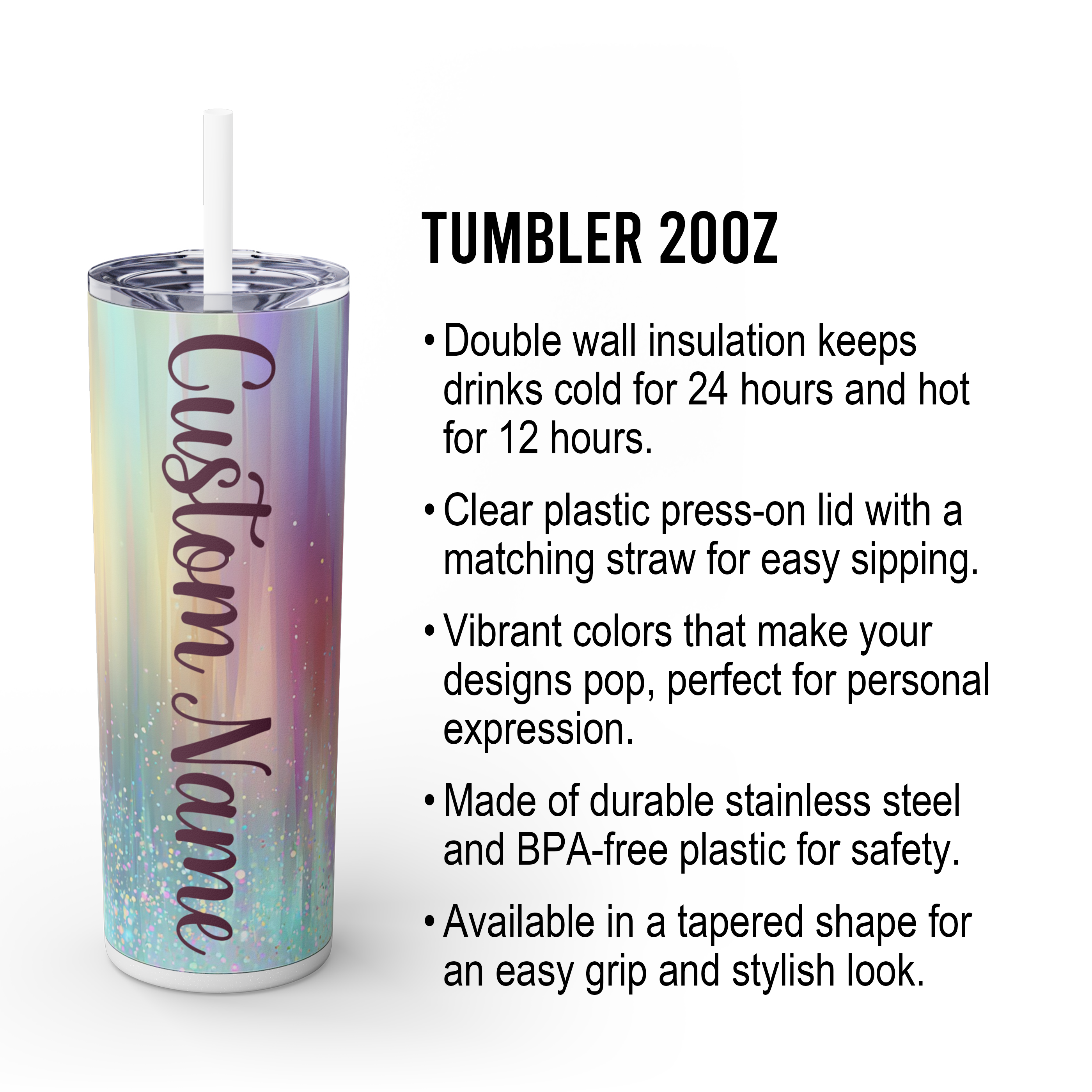 Personalized Iridescent Glitter Tumbler 20oz | Custom Name Cup Valentine Gift with Saying