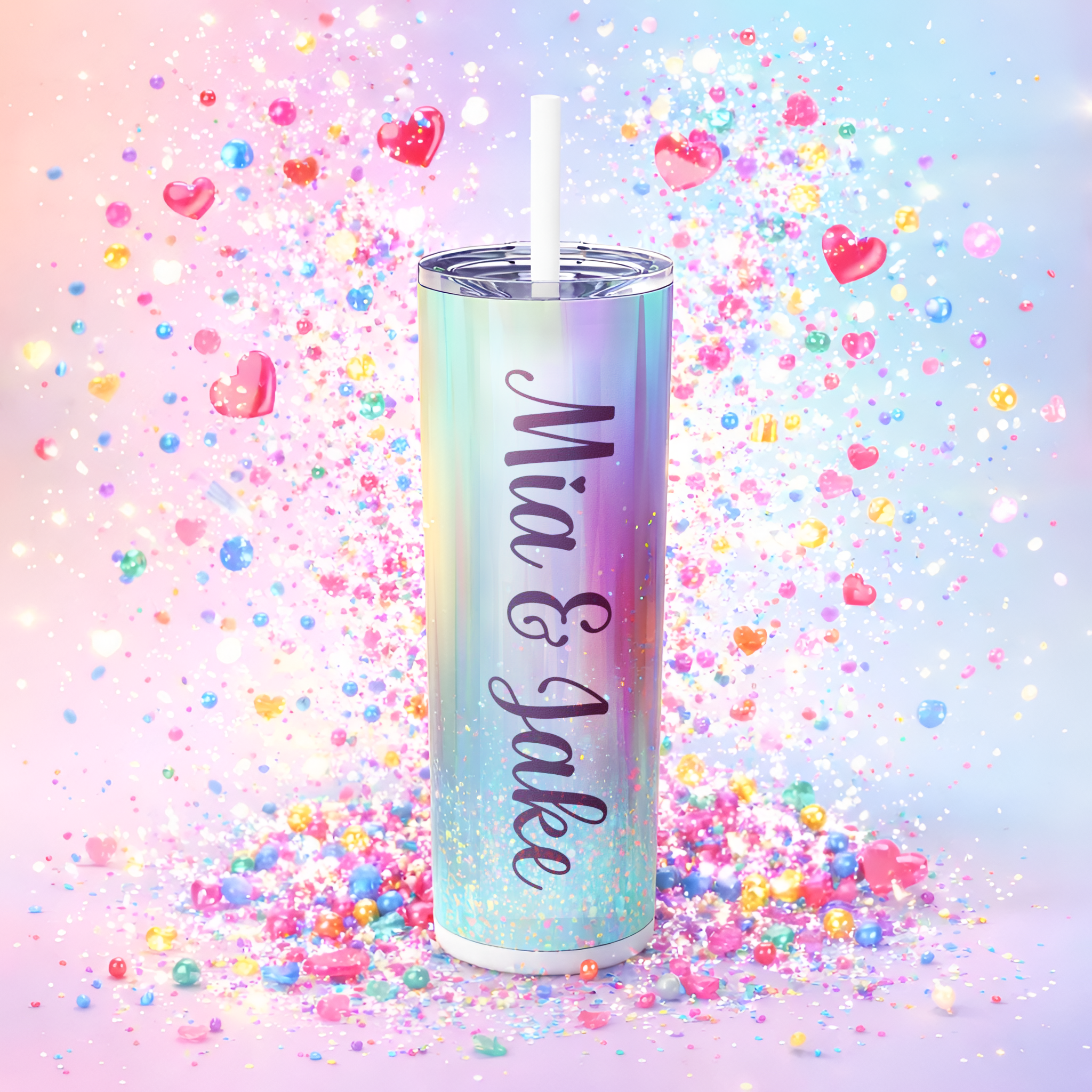 Personalized Iridescent Glitter Tumbler 20oz | Custom Name Cup Valentine Gift with Saying