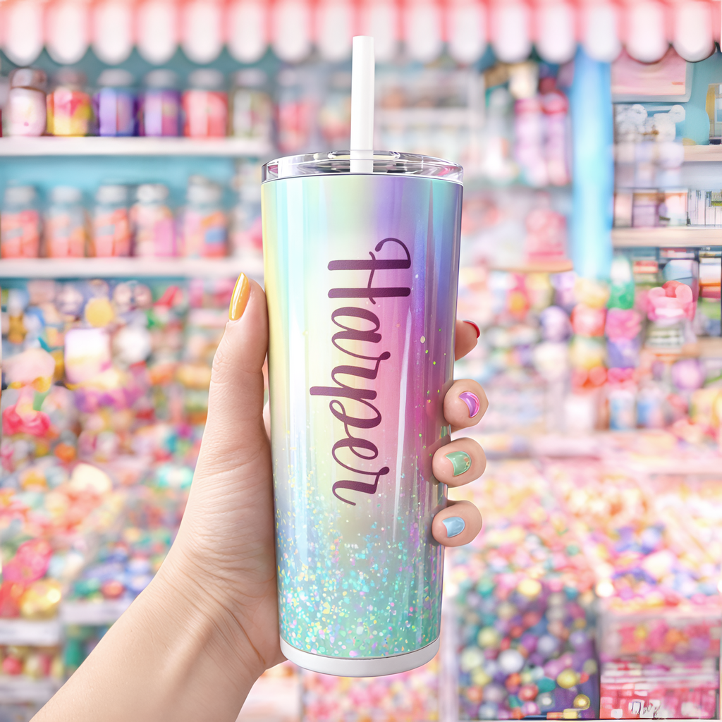 Personalized Iridescent Glitter Tumbler 20oz | Custom Name Cup Valentine Gift with Saying