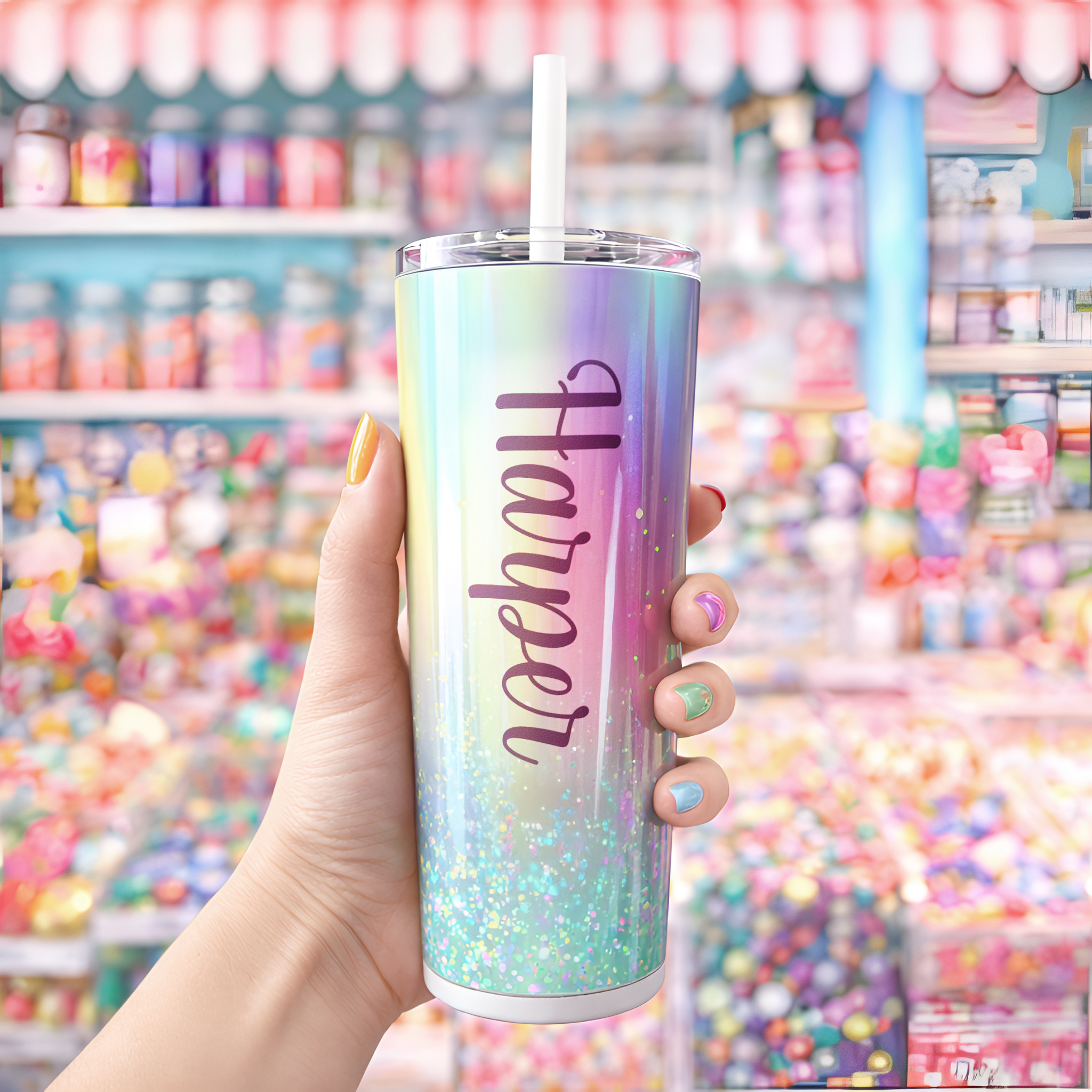 Personalized Iridescent Glitter Tumbler 20oz | Custom Name Cup Valentine Gift with Saying