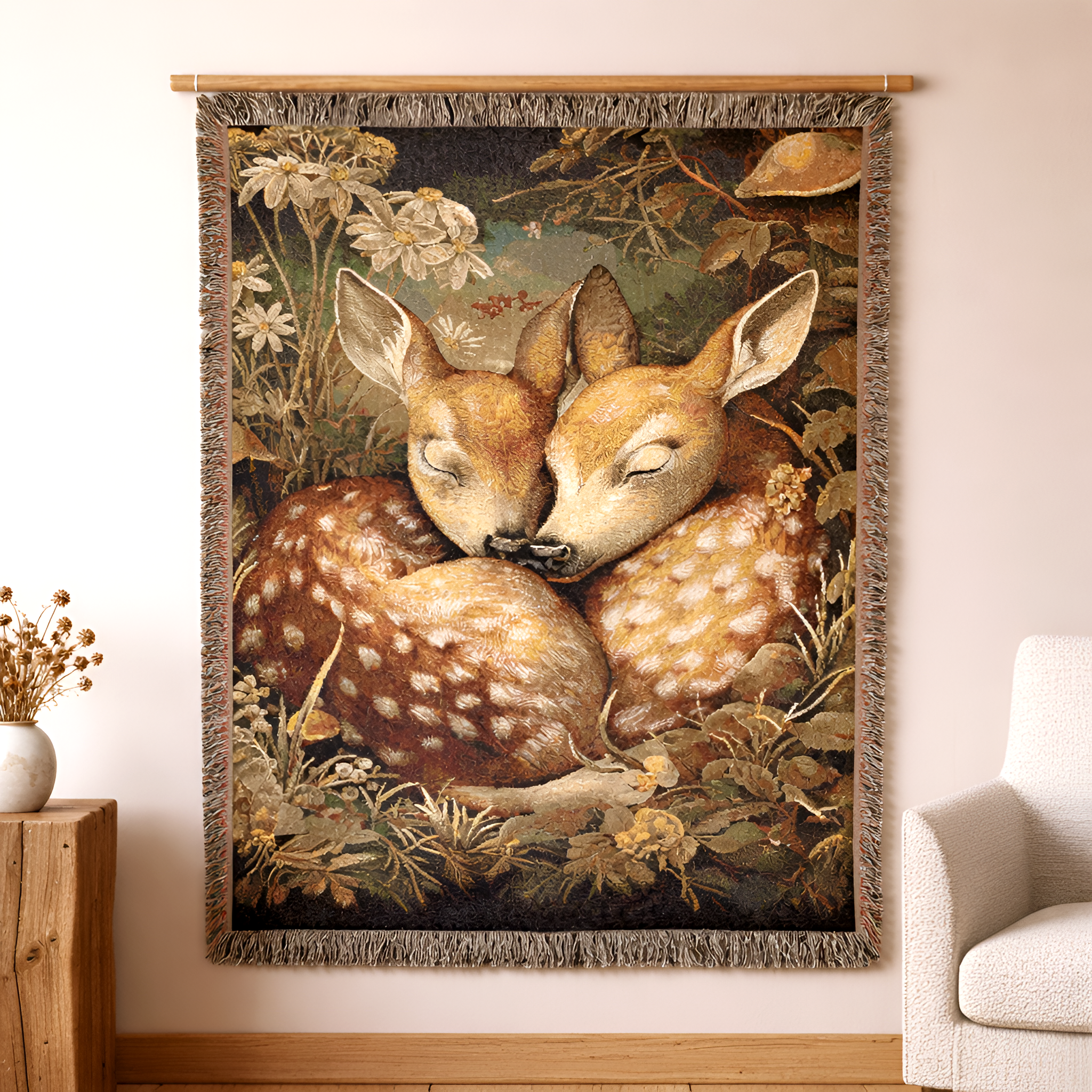 Valentine Deer Woven Tapestry Blanket | Cabincore Woodland Animal Gift for Her