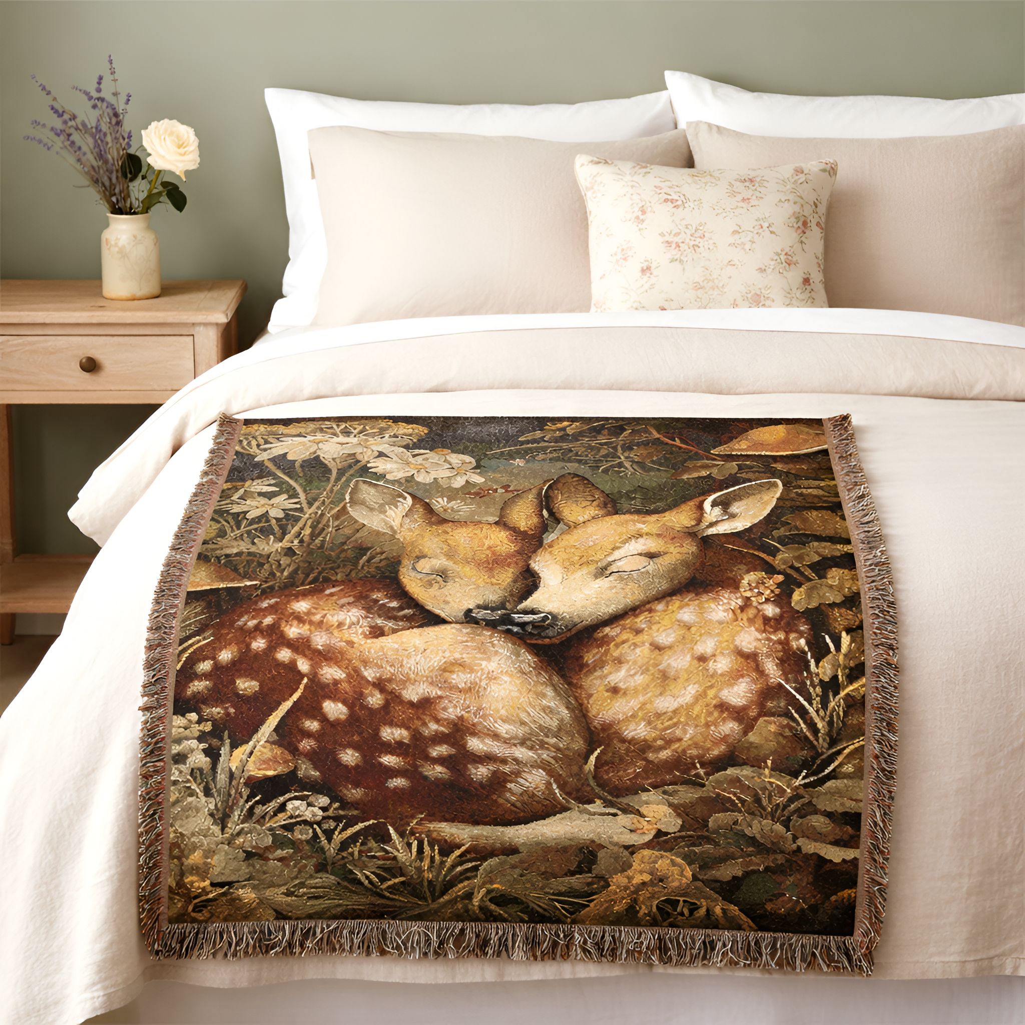 Valentine Deer Woven Tapestry Blanket | Cabincore Woodland Animal Gift for Her