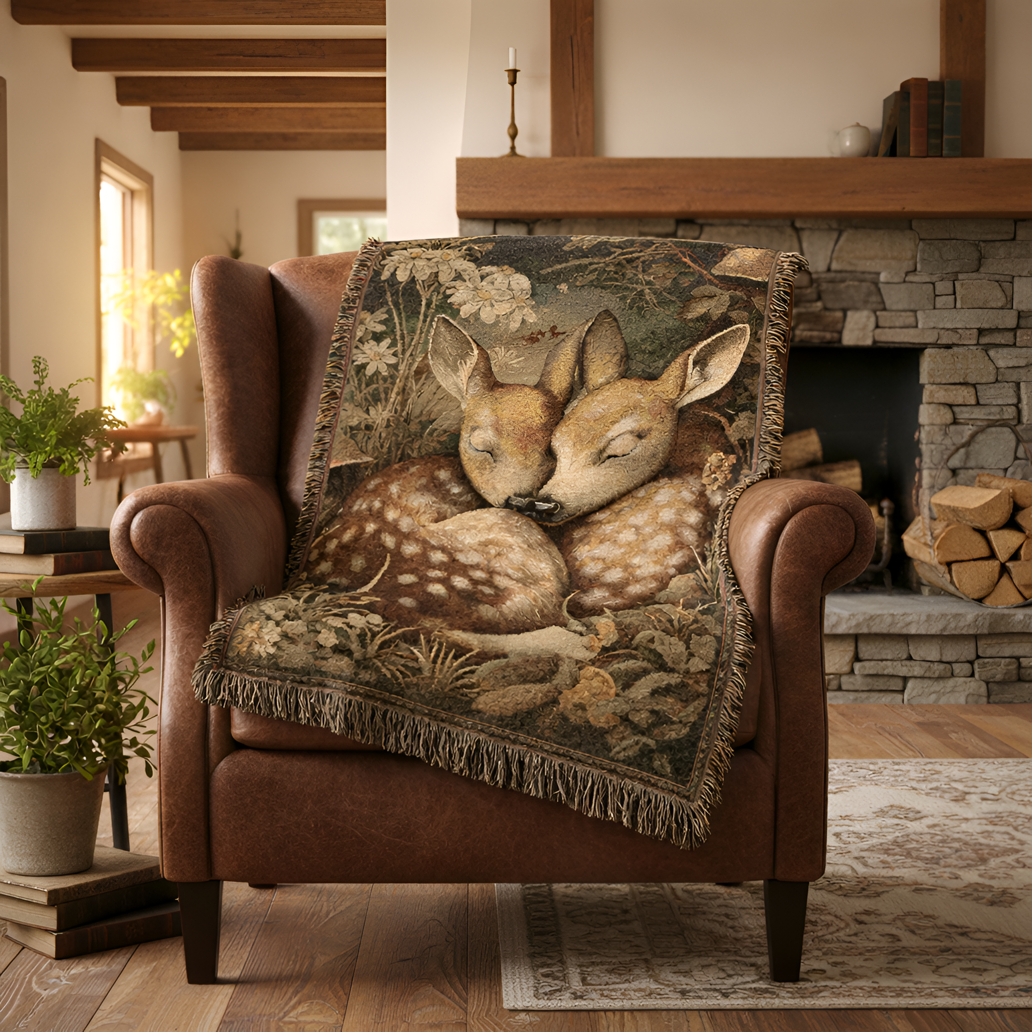 Valentine Deer Woven Tapestry Blanket | Cabincore Woodland Animal Gift for Her