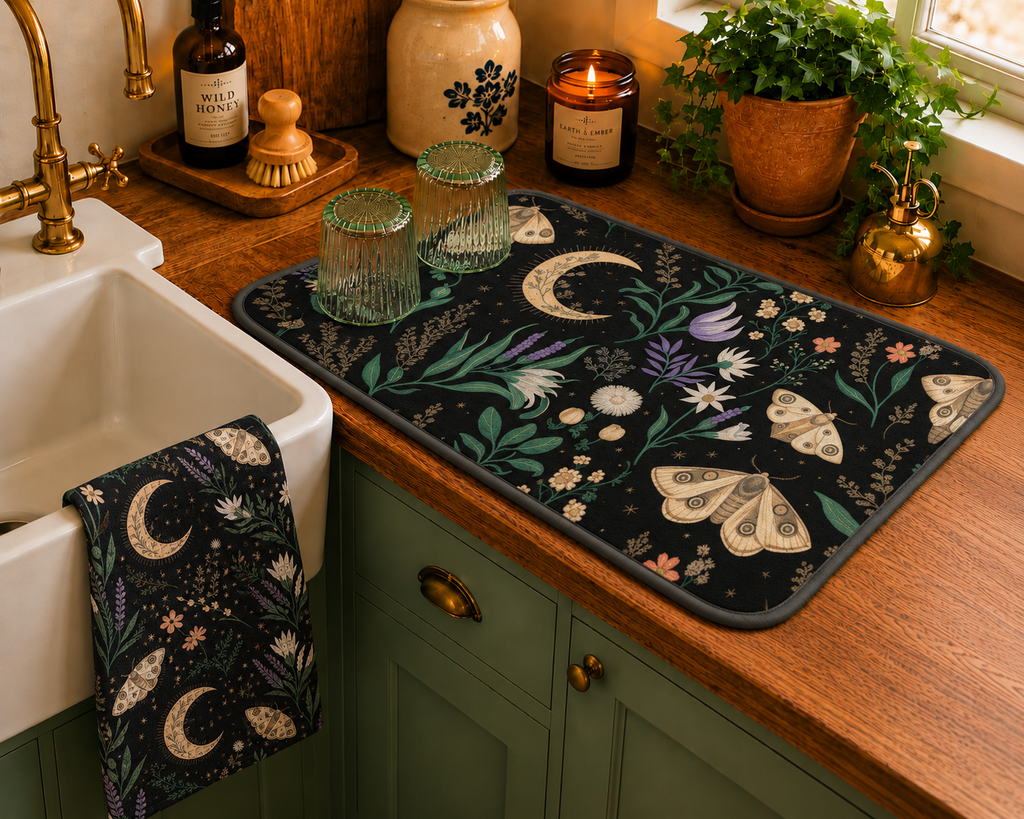 Celestial Moth Blooms Dish Mat Printify