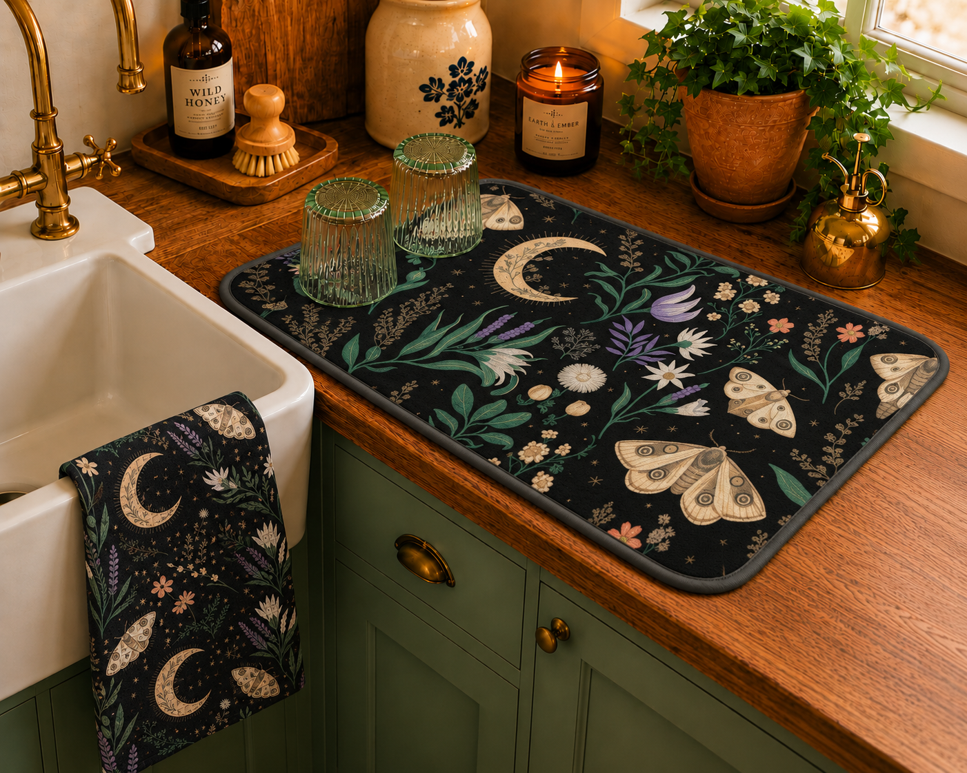 Celestial Moth Blooms Dish Mat Printify