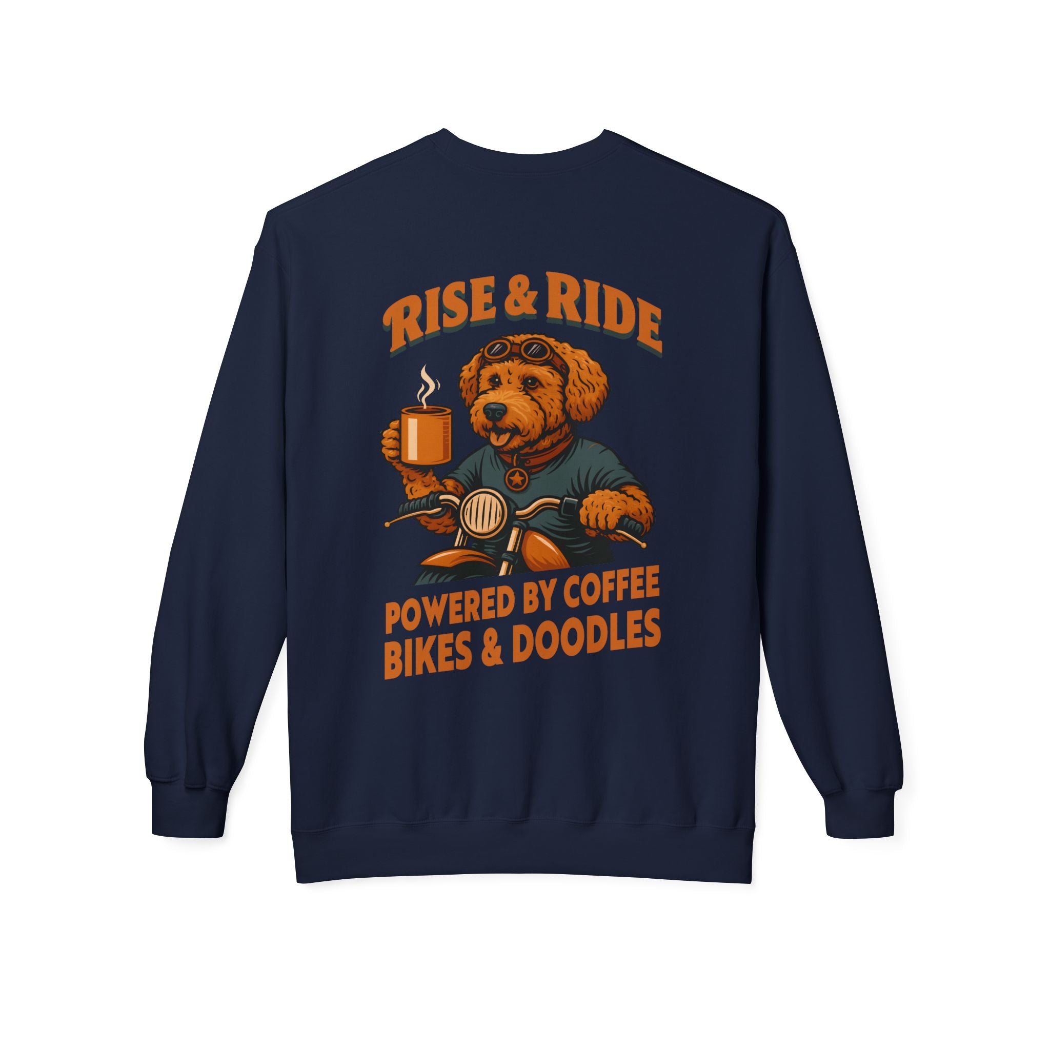 Dog Goldendoodle Biker Coffee Shirt | Rise & Ride Motorcycle Sweatshirt for Men Back Print