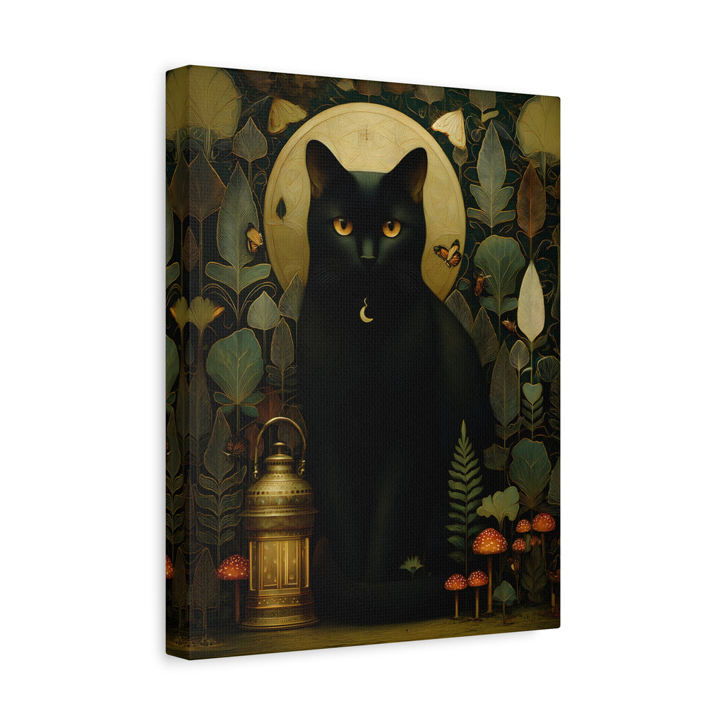 Black Cat Canvas | Forest Garden Botanical Wall Art with Painterly Texture