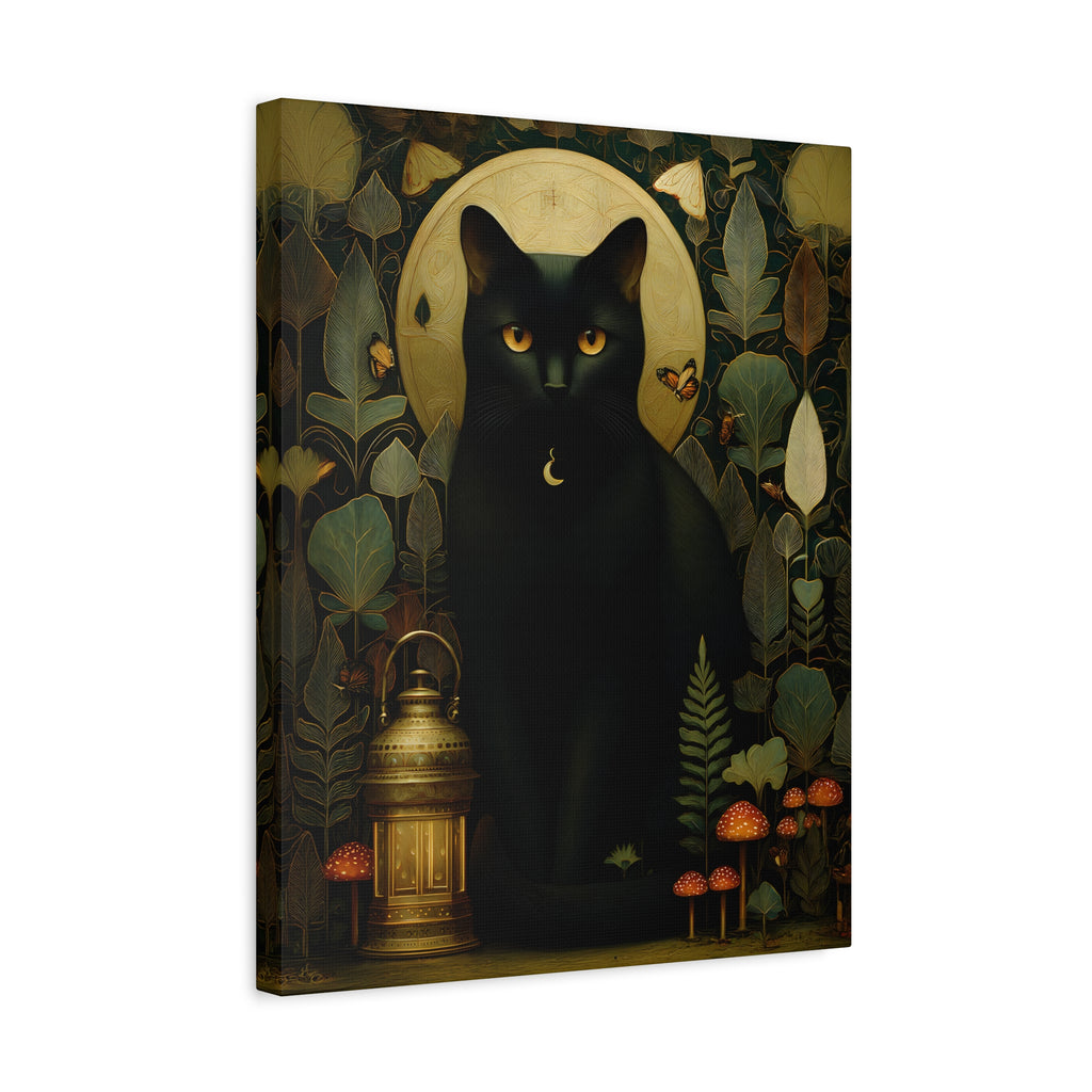 Black Cat Canvas | Forest Garden Botanical Wall Art with Painterly Texture