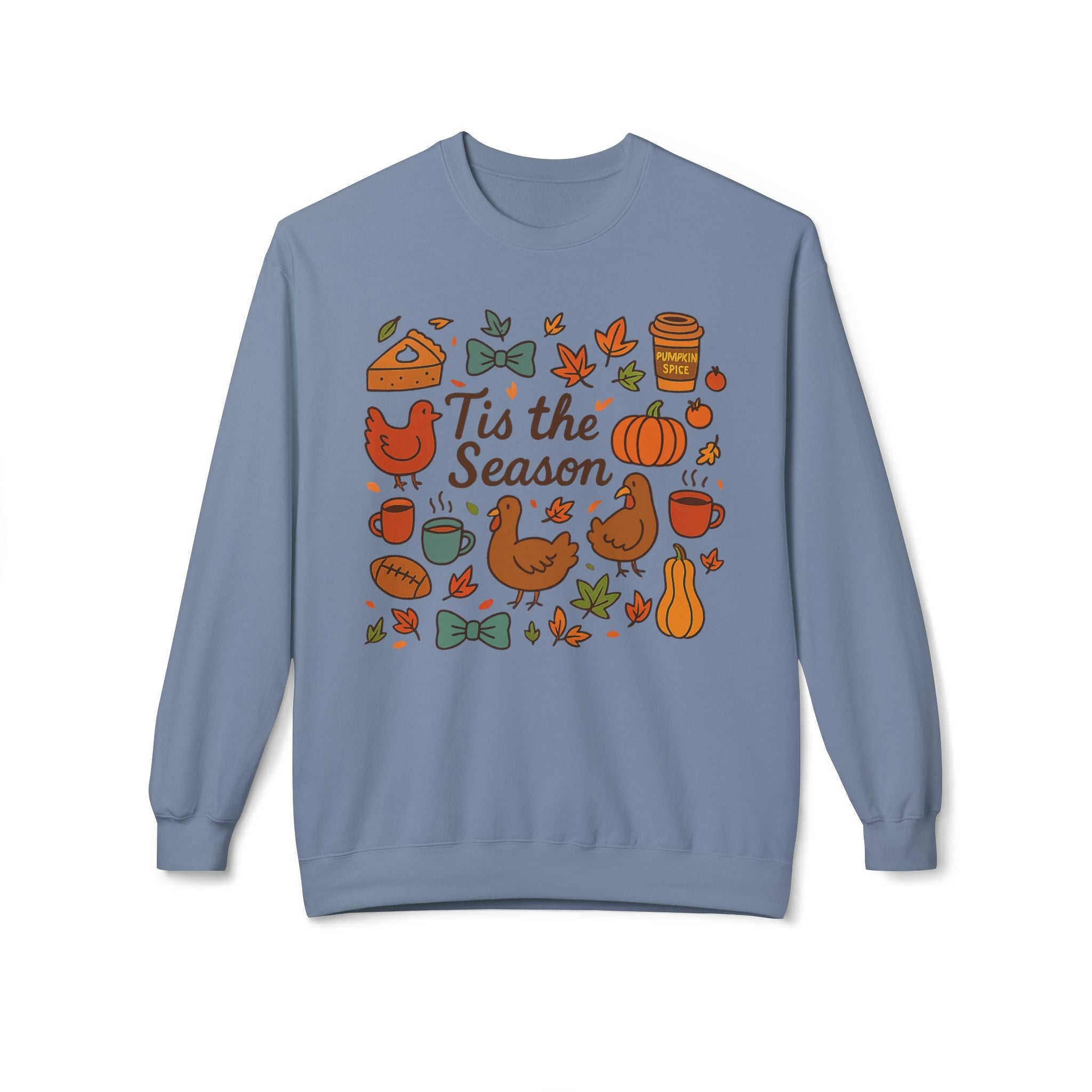 Blue sweatshirt with autumn-themed graphics and 'Tis the Season' text on a white background