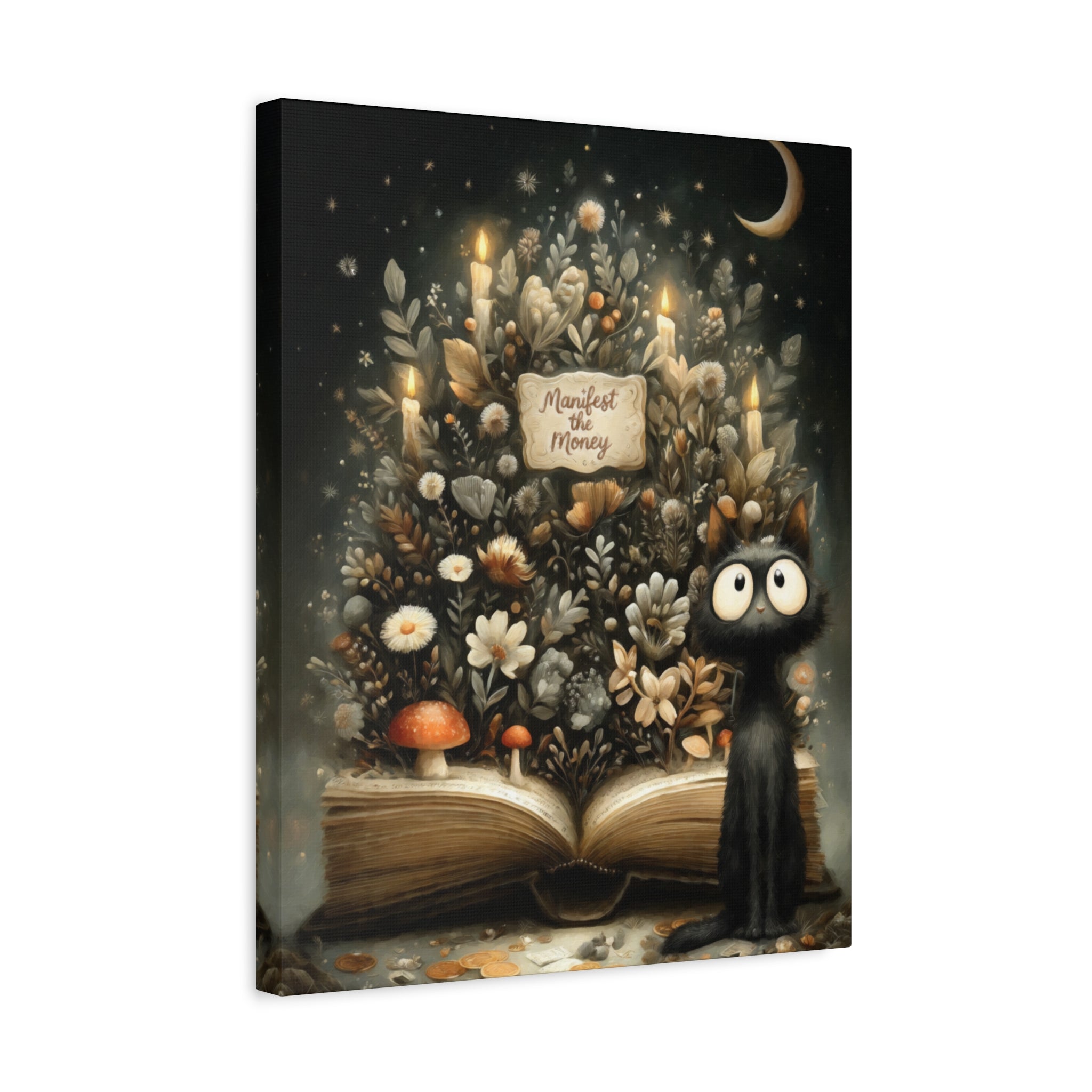 Manifest the Money Canvas Art | Mystical Black Cat Floral Painting for Cozy Home Decor