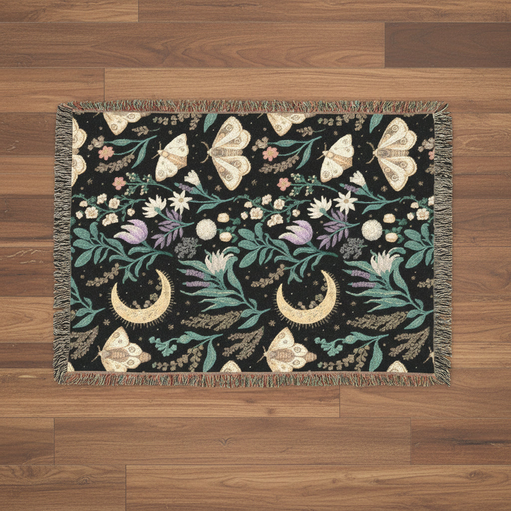 Decorative throw blanket with moth and floral patterns on a black background