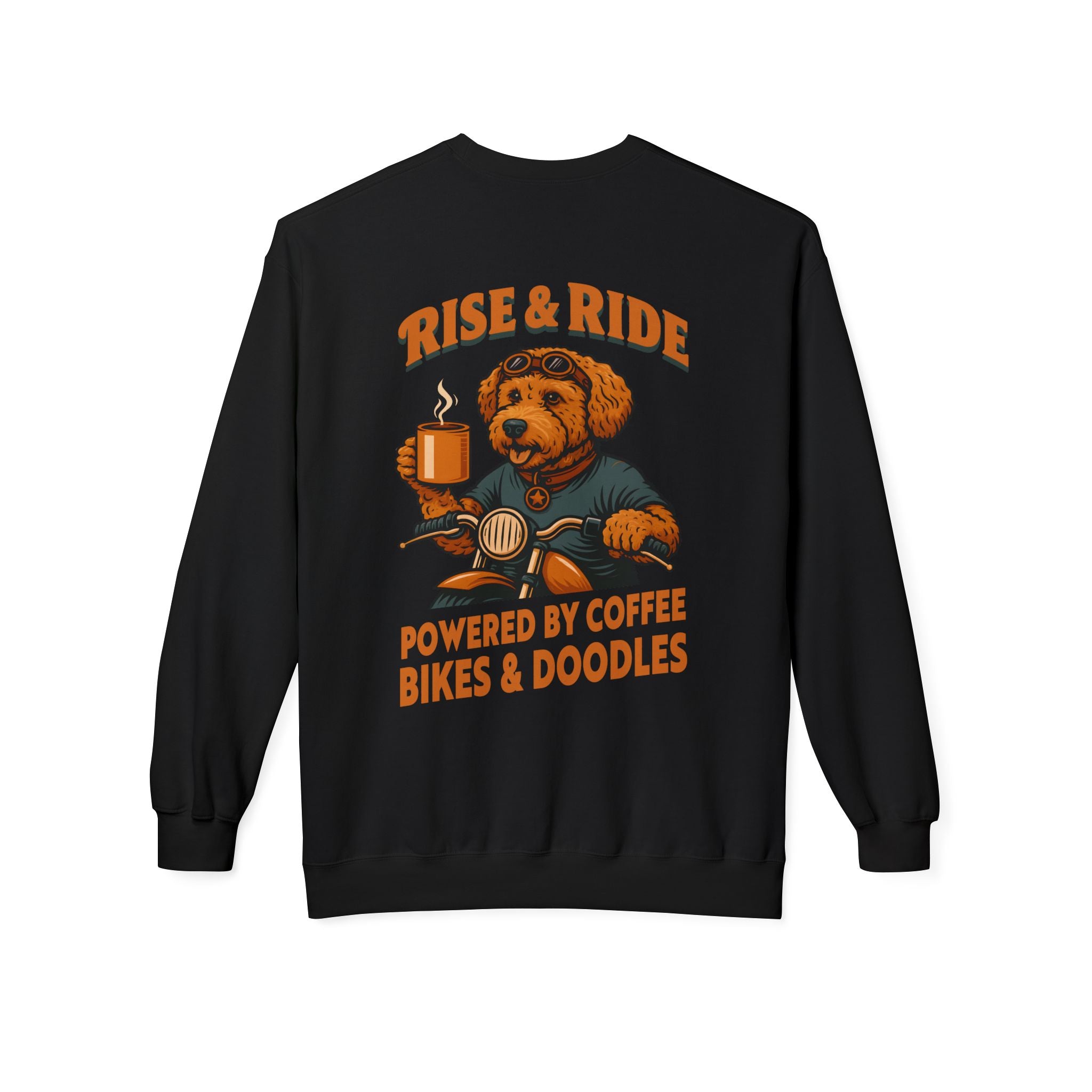 Dog Goldendoodle Biker Coffee Shirt | Rise & Ride Motorcycle Sweatshirt for Men Back Print