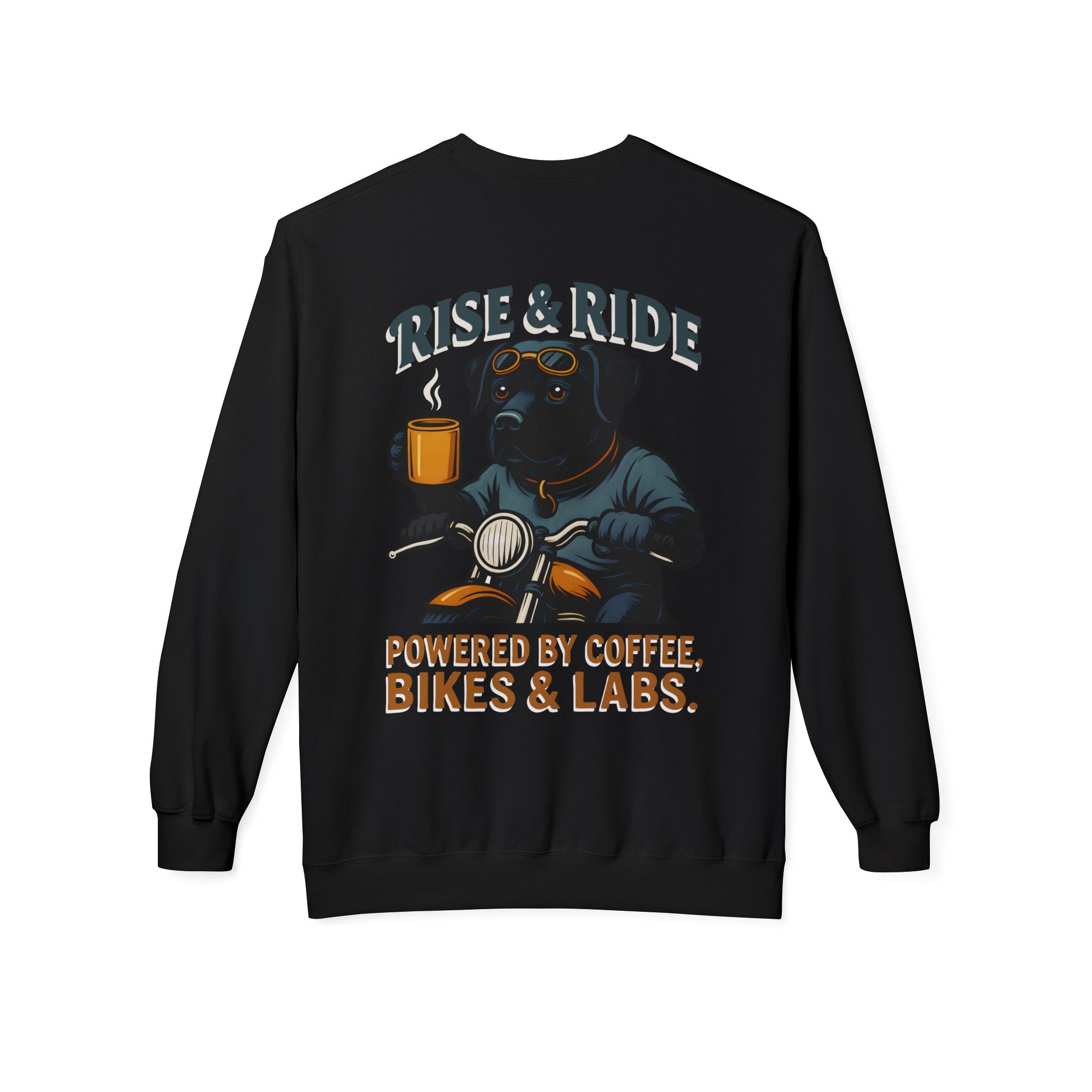 Dog Black Lab Biker Coffee Shirt | Lab Motorcycle Sweatshirt for Men Back Print