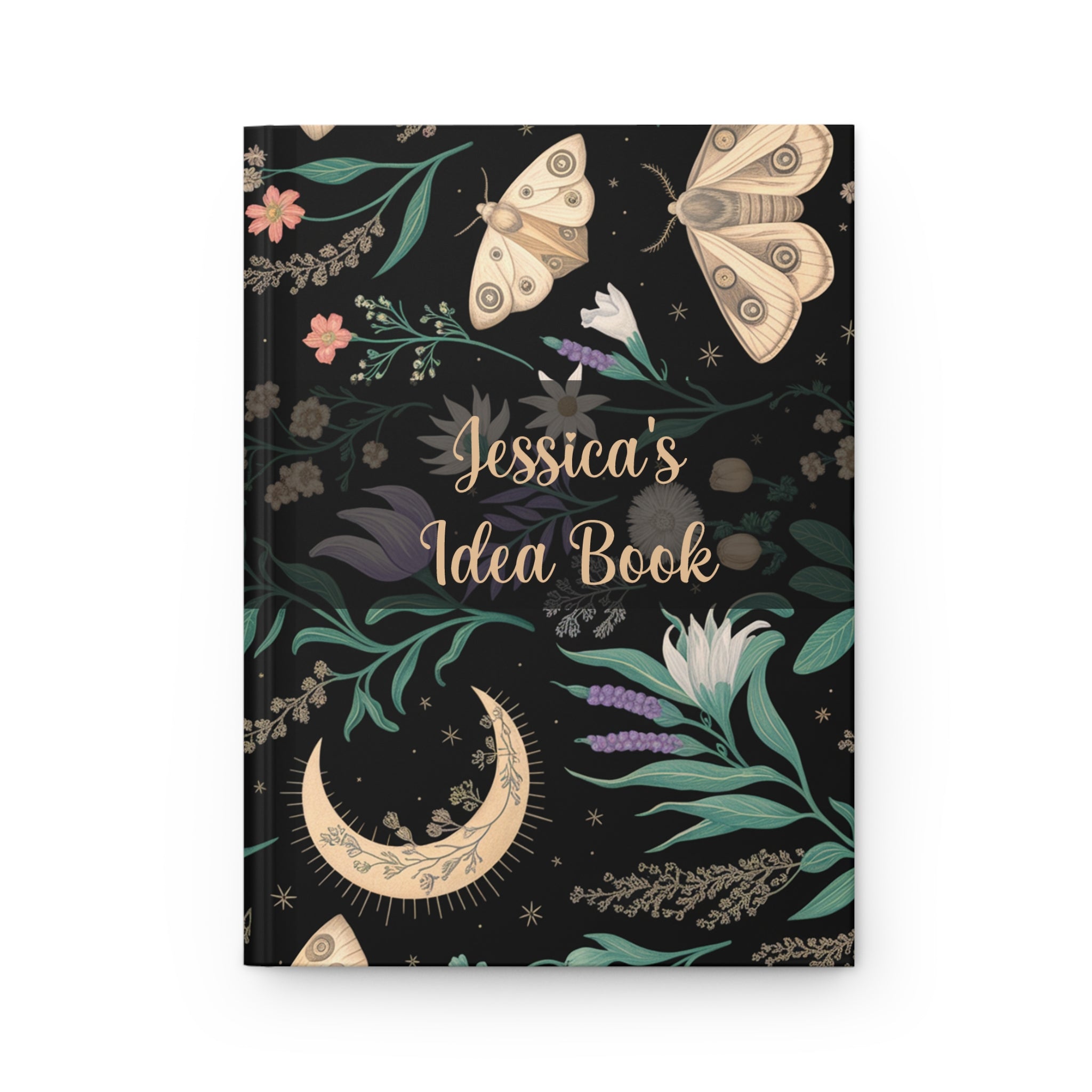 Decorative notebook with floral and butterfly design on a black background, personalized with 'Jessica's Idea Book'.