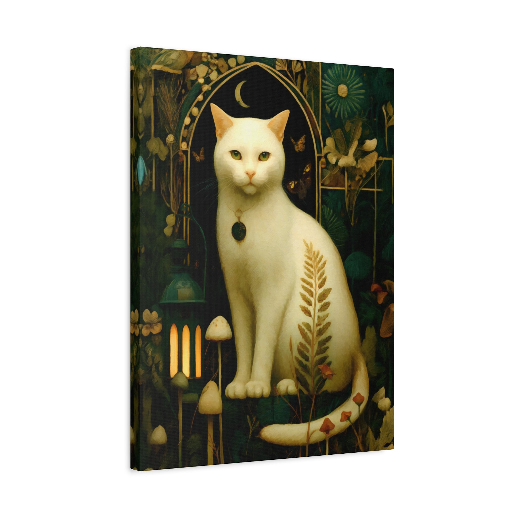 White Cat Canvas | Forest Garden Botanical Wall Art with Painterly Texture