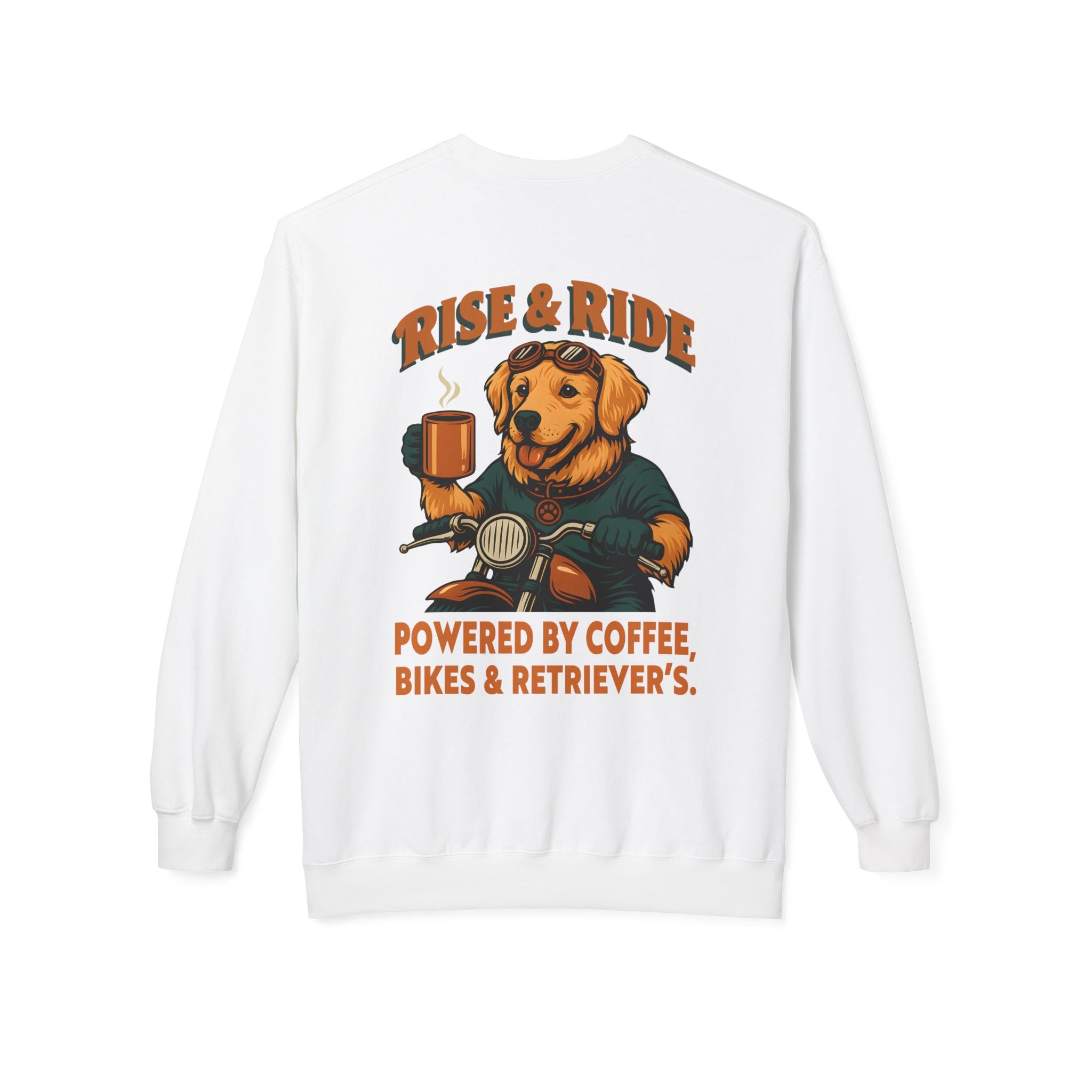 Dog Golden Retriever Biker Coffee Shirt | Rise & Ride Motorcycle Sweatshirt for Men Back Print