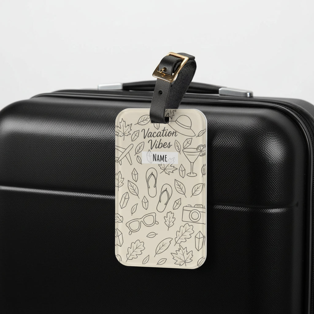 Beige luggage tag with black travel-themed design and 'Vacation Vibes' text on a white background