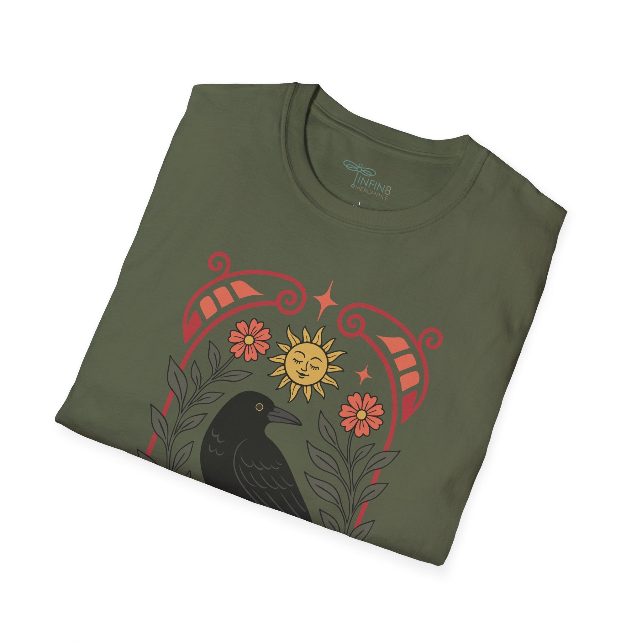 Crow Sun Folk Art Shirt | Boho Raven Tee Mystical Botanical Top Celestial Witchy Graphic T‑Shirt Gift for Her