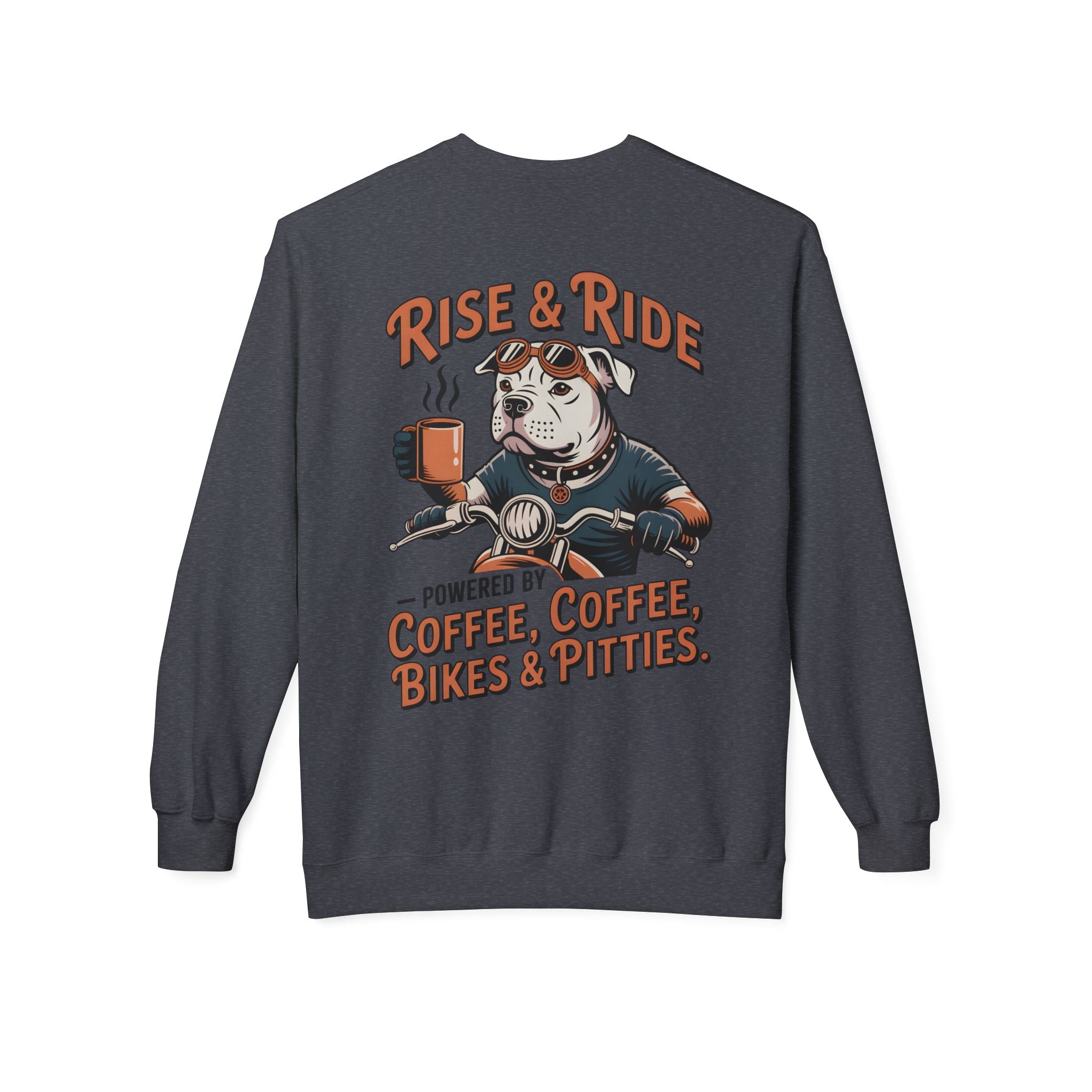 Dog White Pitbull Biker Coffee Pullover | Men's Motorcycle Sweatshirt with Back Print
