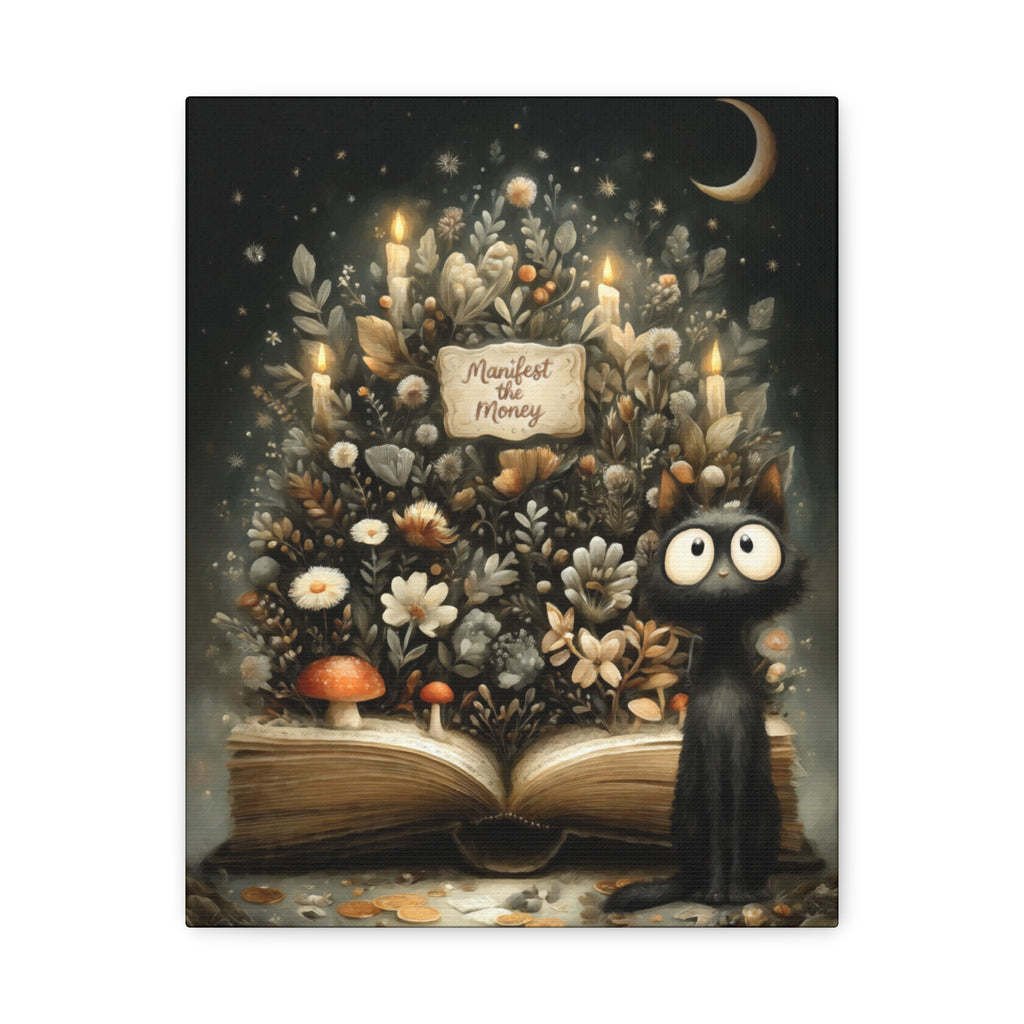 Manifest the Money Canvas Art | Mystical Black Cat Floral Painting for Cozy Home Decor