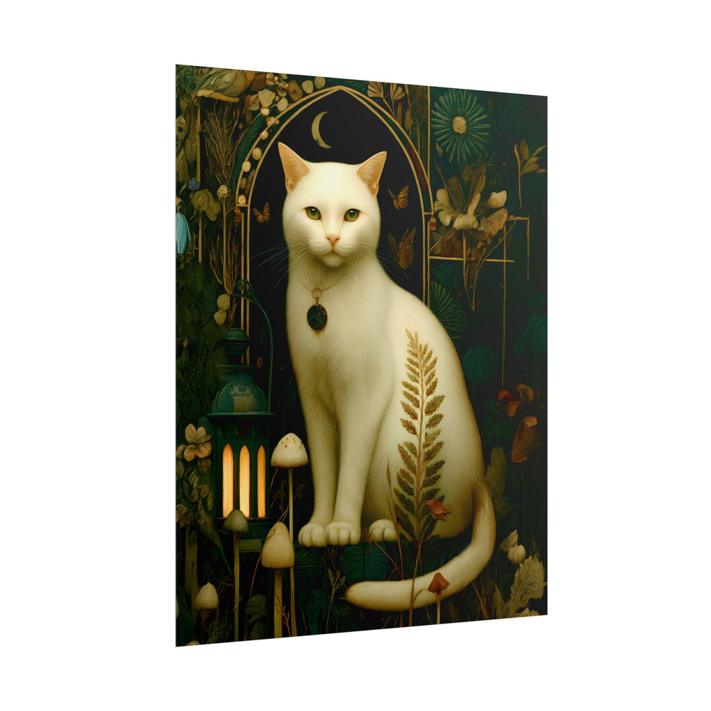 The Moonlit Cat Wall Art | The Forest Garden White Cat Poster for Cat Lovers