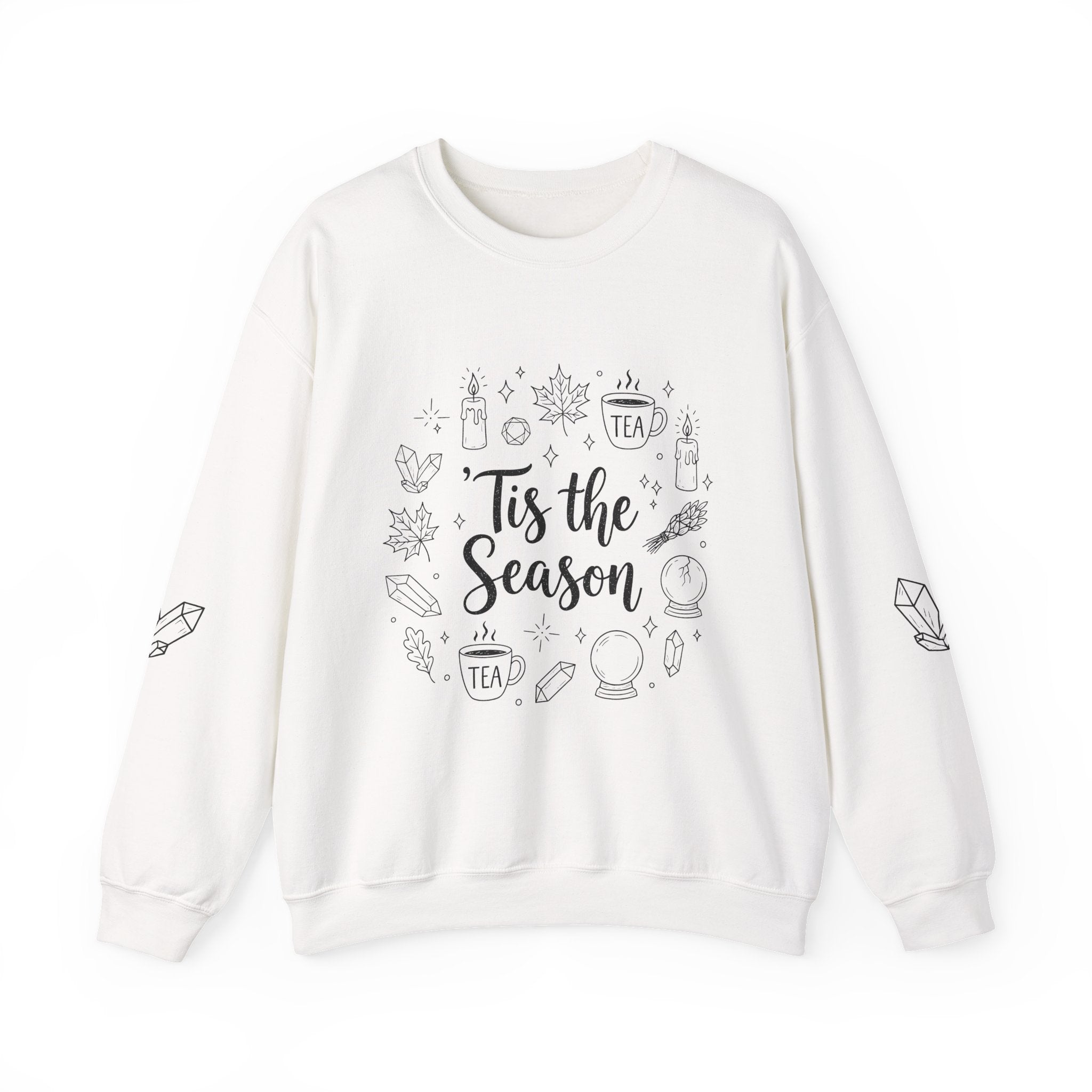 Tis the Season Doodles Sweatshirt | Mystical Celestial Holiday Mystic Crewneck with Printed Sleeves