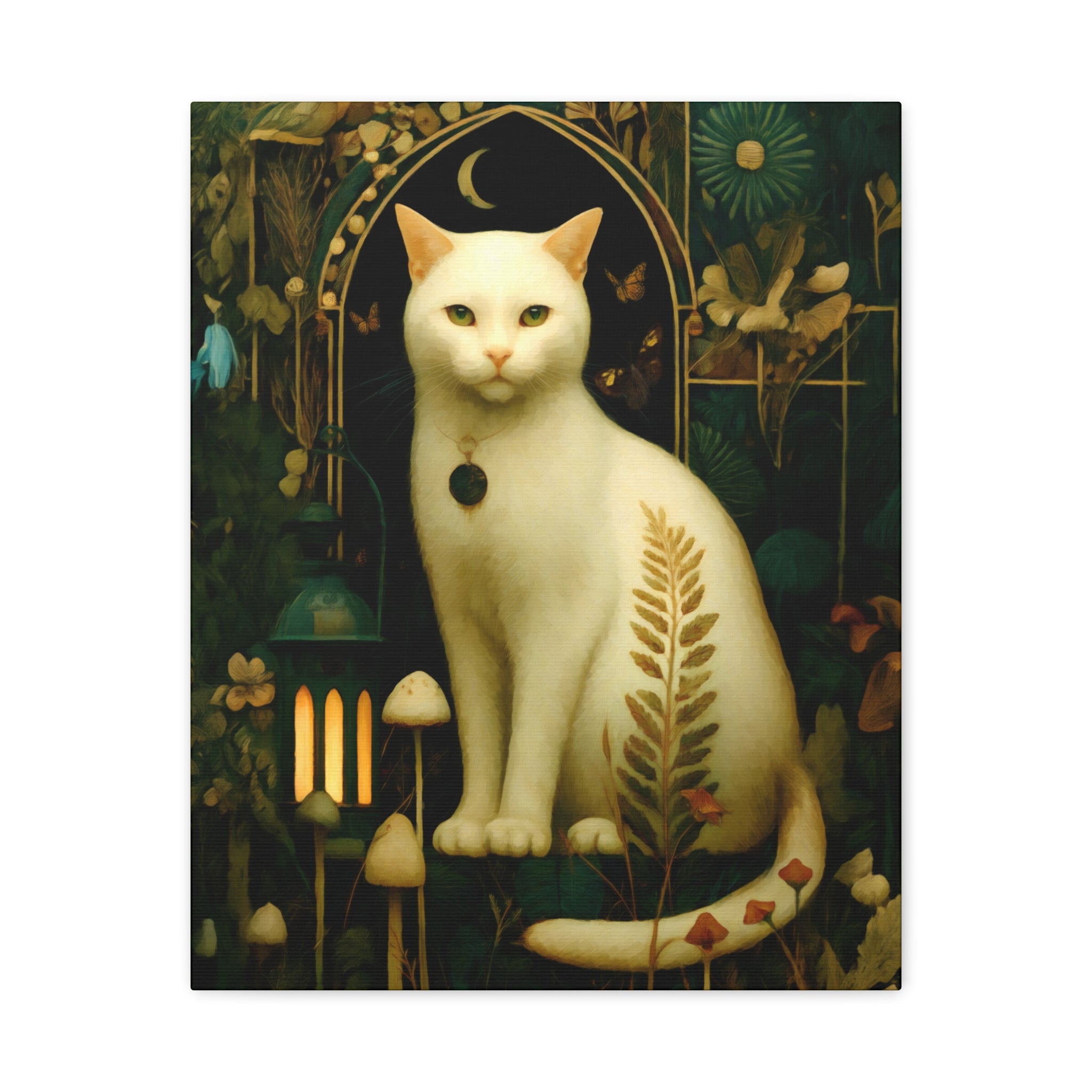 White Cat Canvas | Forest Garden Botanical Wall Art with Painterly Texture