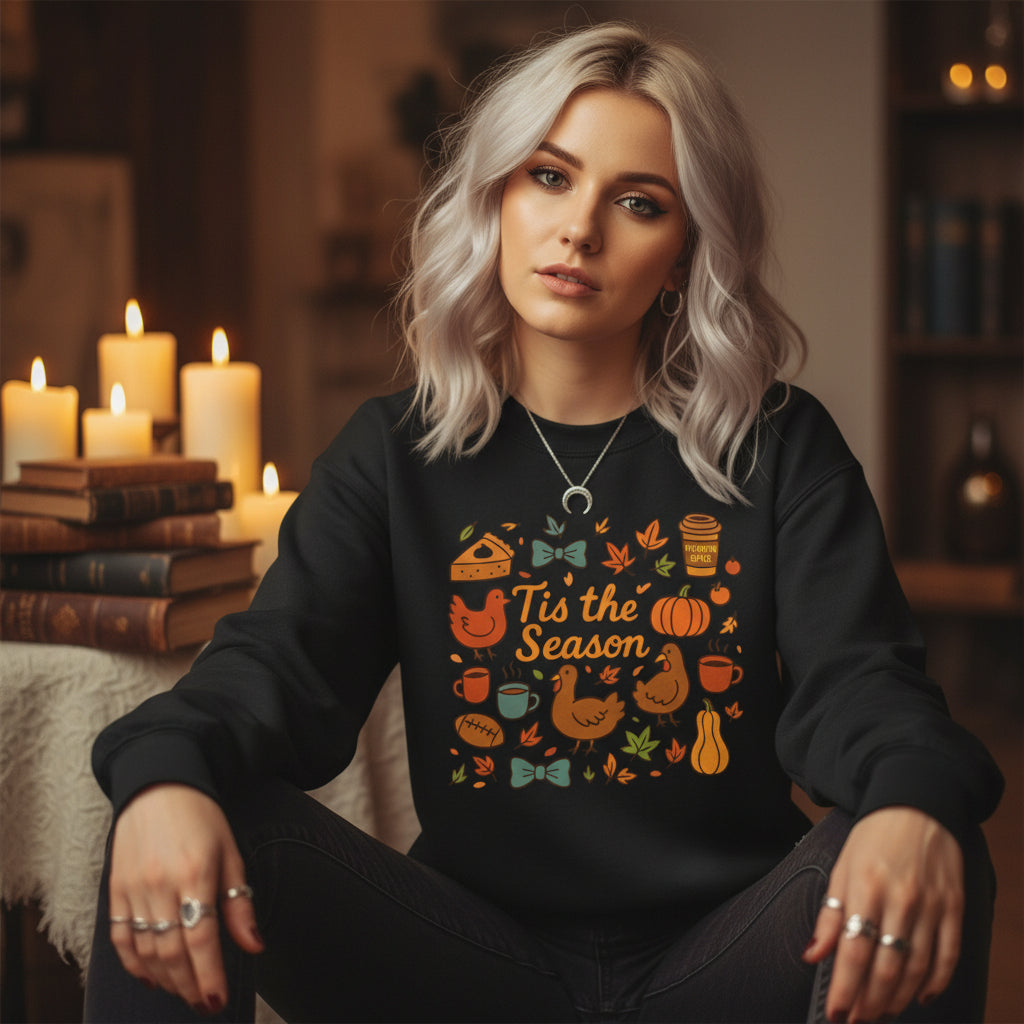 Black sweatshirt with colorful autumn-themed design on a white background