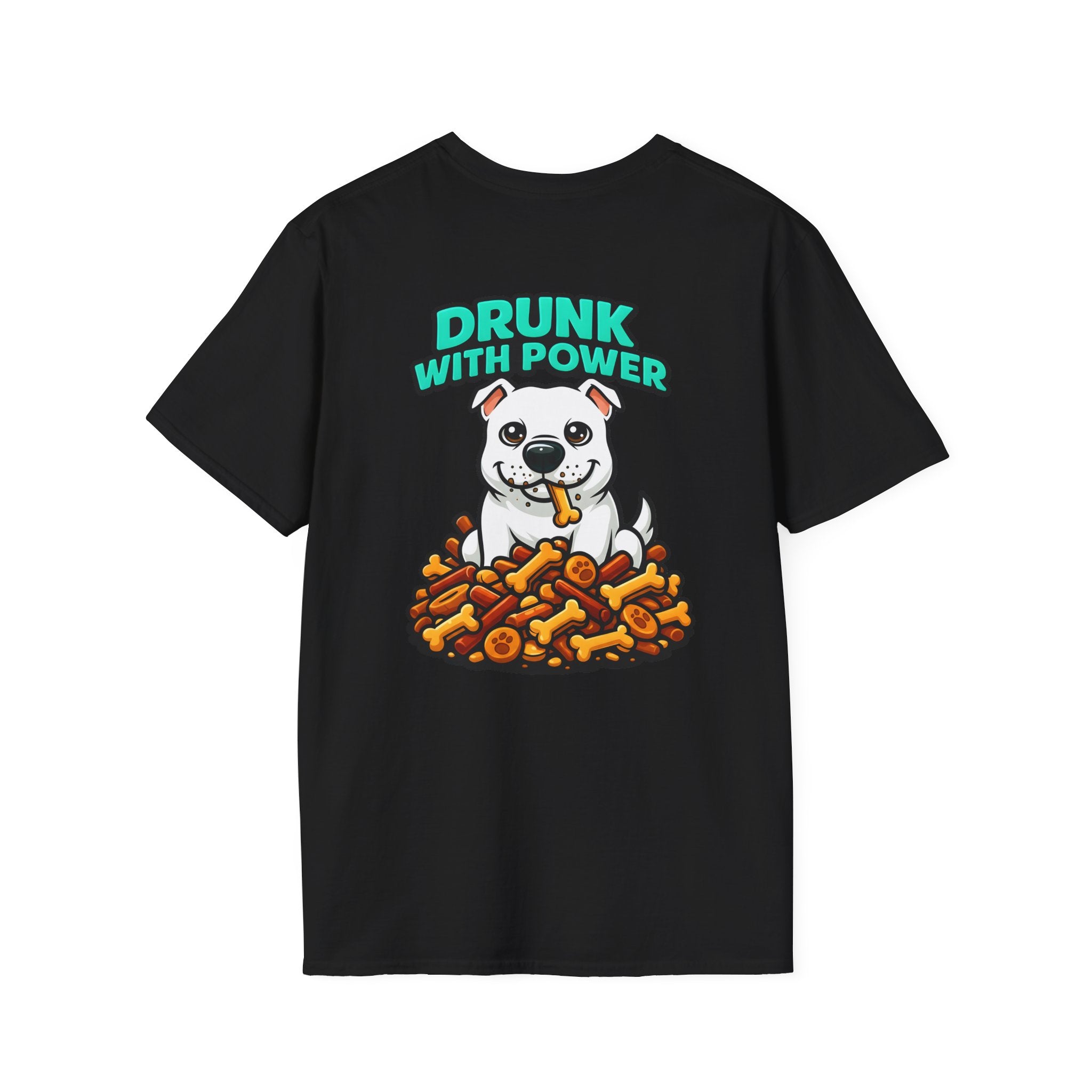 Dog Personalized White Pitbull Lover T-Shirt | Drunk With Power Funny Pittie Tee with Front & Back Print