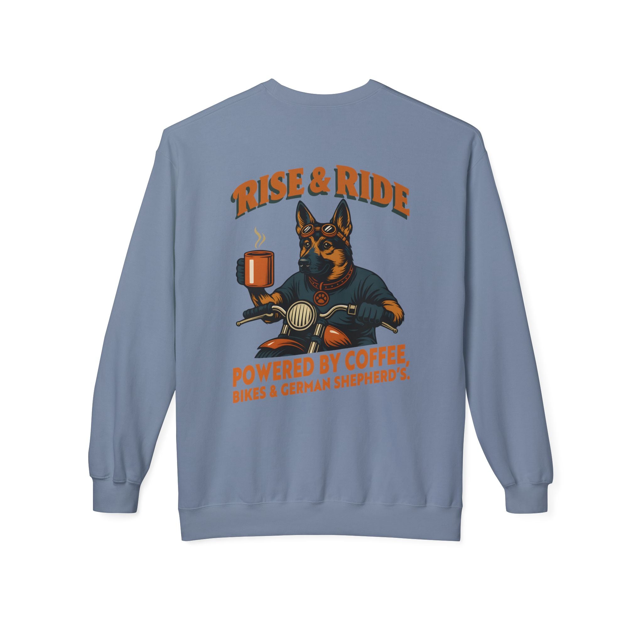 Dog German Shepherd Biker Coffee Shirt | Rise & Ride Motorcycle Sweatshirt for Men Back Print