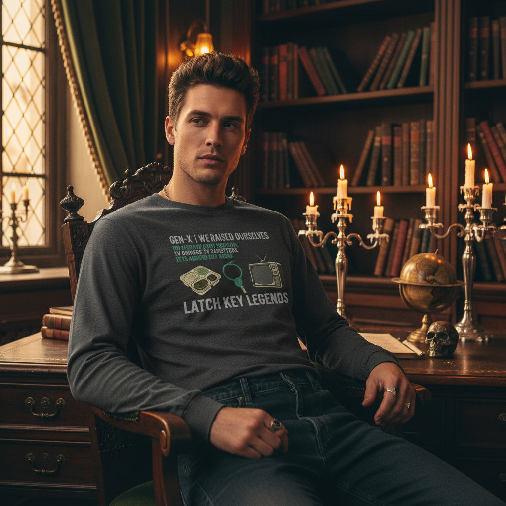 Navy long-sleeve shirt with graphic design and text on a white background