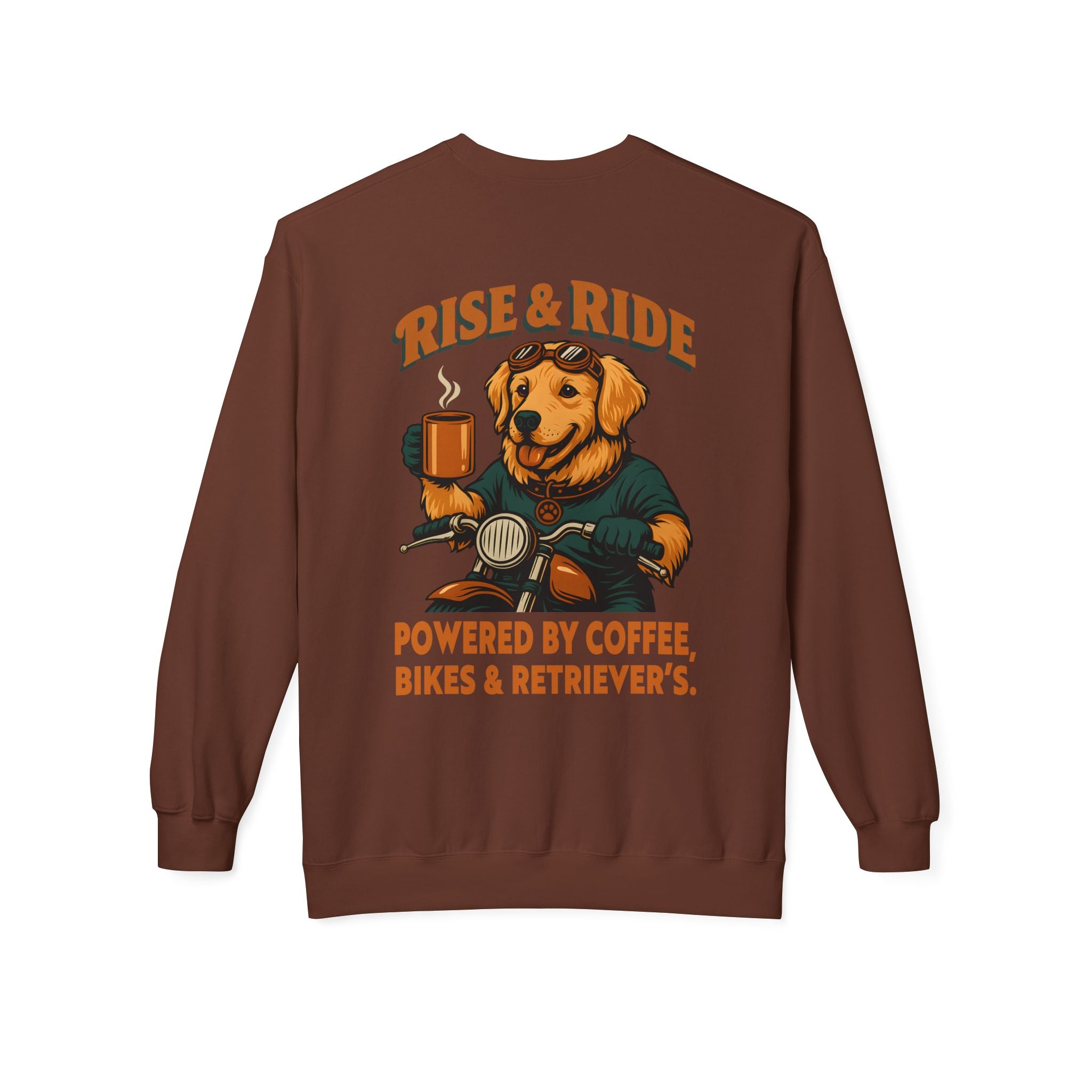 Dog Golden Retriever Biker Coffee Shirt | Rise & Ride Motorcycle Sweatshirt for Men Back Print