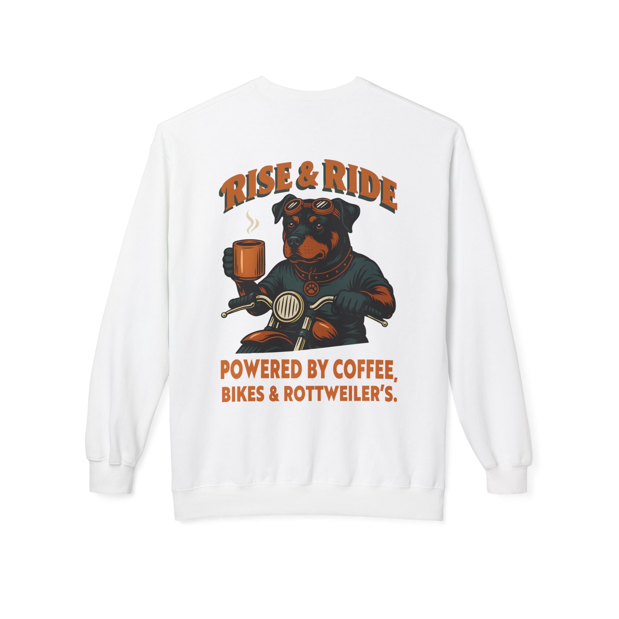 Dog Rottweiler Biker Coffee Shirt | Rise & Ride Motorcycle Sweatshirt for Men Back Print