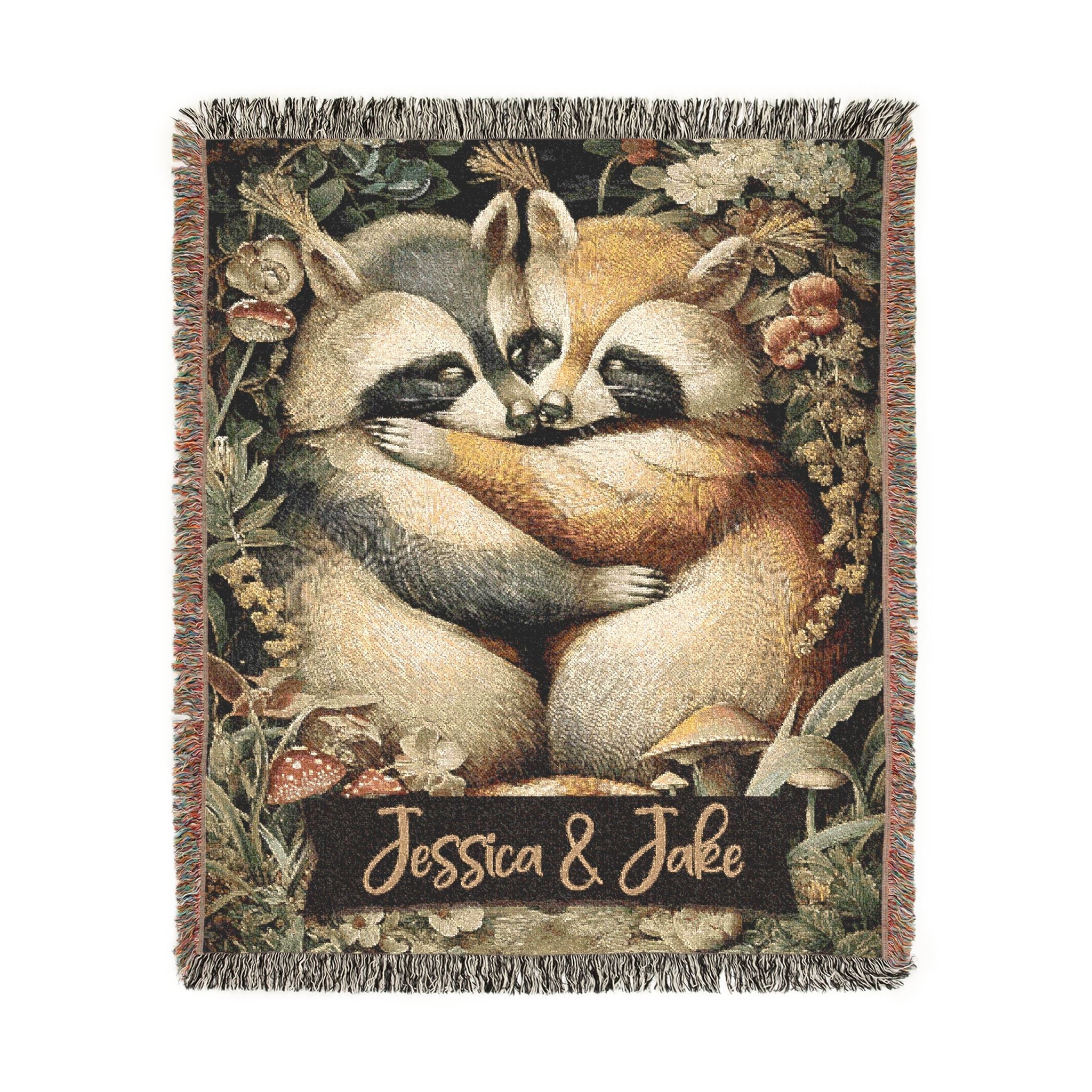 Valentine Custom Raccoon Woven Tapestry Blanket | Personalized Cabincore Woodland Gift