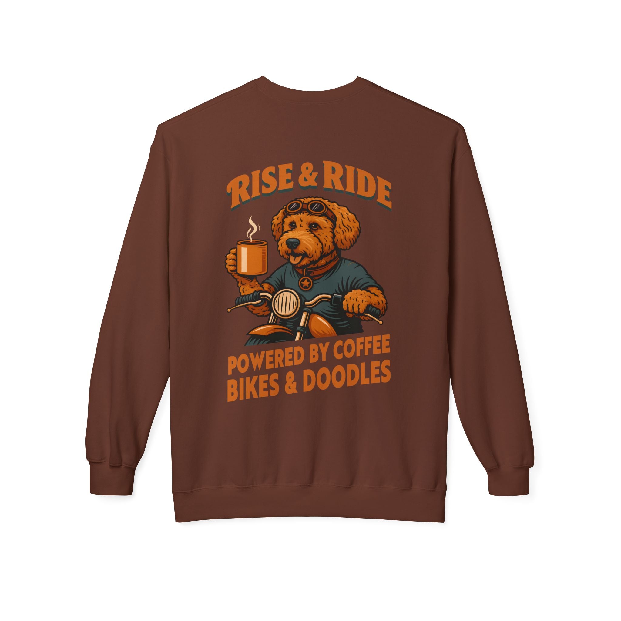 Dog Goldendoodle Biker Coffee Shirt | Rise & Ride Motorcycle Sweatshirt for Men Back Print