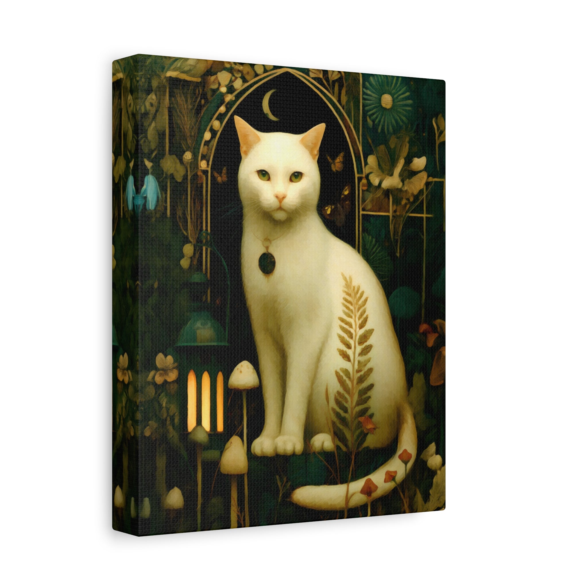 White Cat Canvas | Forest Garden Botanical Wall Art with Painterly Texture