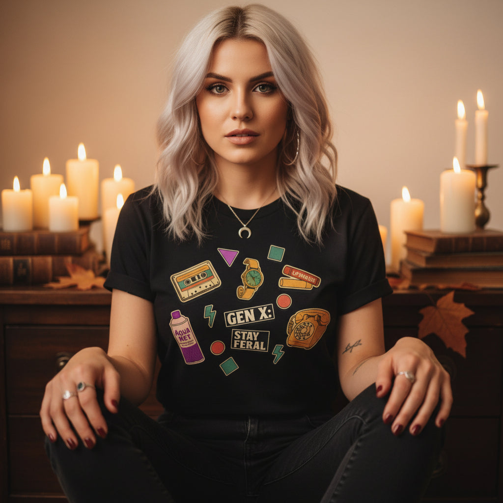 Black t-shirt with colorful graphic designs on a white background