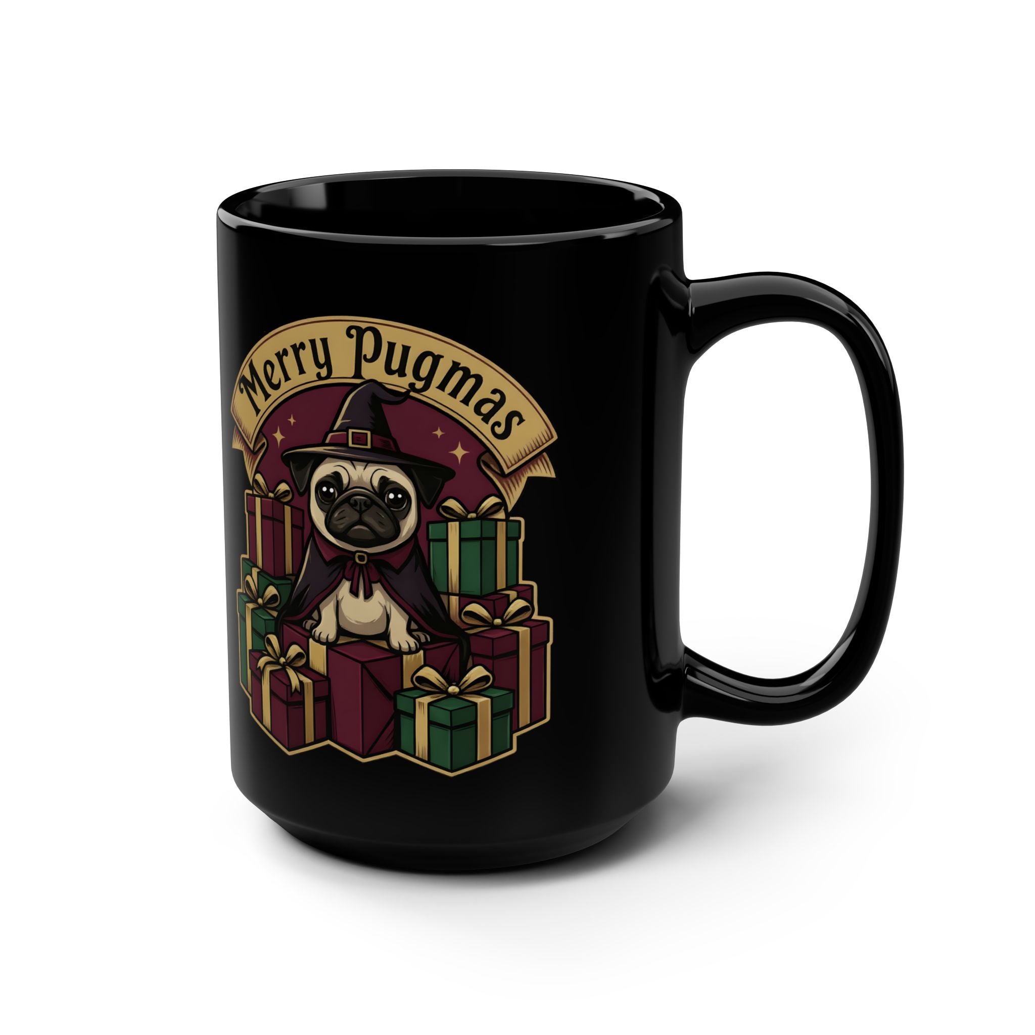 Merry Pugmas Pug with Presents Mug | 15oz Black Mug